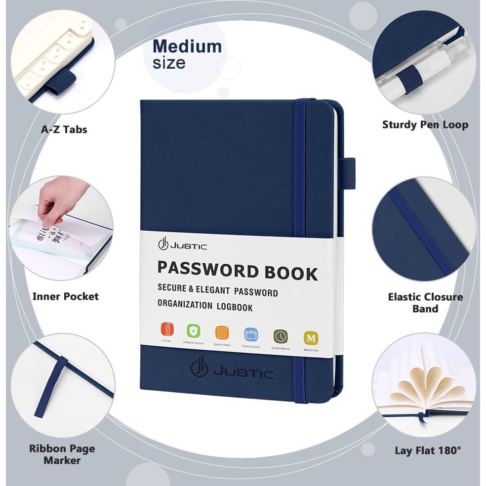 Jubtic Password Keeper Book With Alphabetical Tabs. Medium Size Password Book For Seniors  Internet Website Address Log In Detail. Hardcover Password Notebook For Home Office  Navy Blue