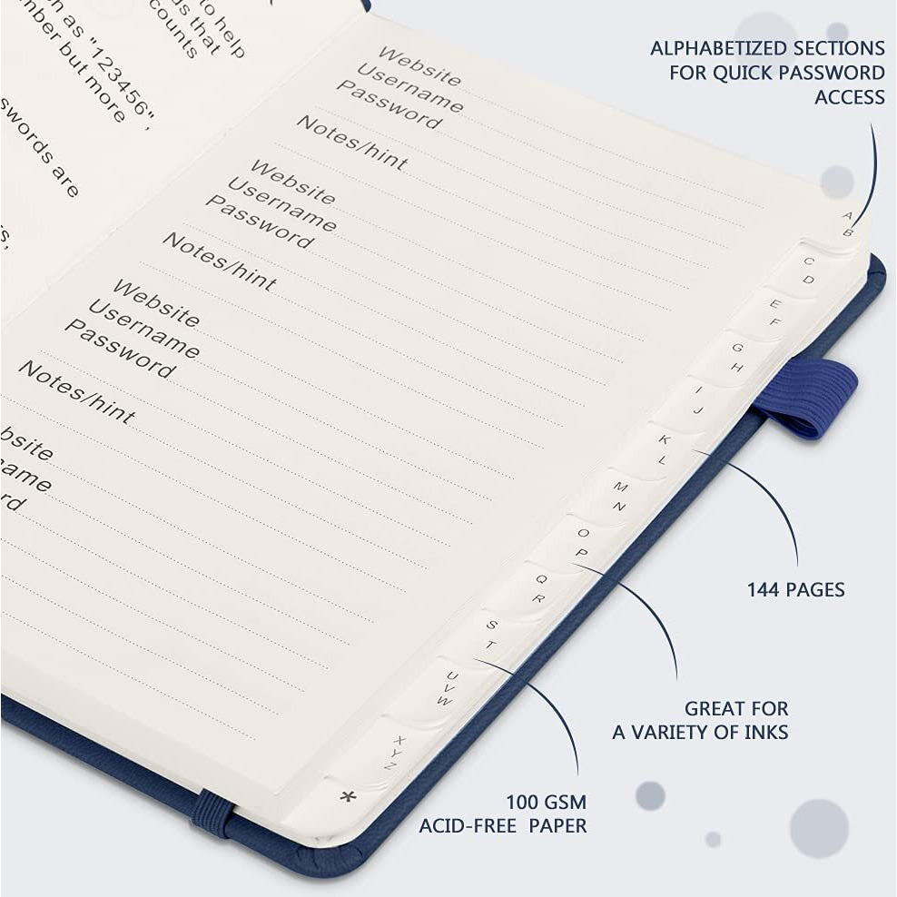 Jubtic Password Keeper Book With Alphabetical Tabs. Medium Size Password Book For Seniors  Internet Website Address Log In Detail. Hardcover Password Notebook For Home Office  Navy Blue