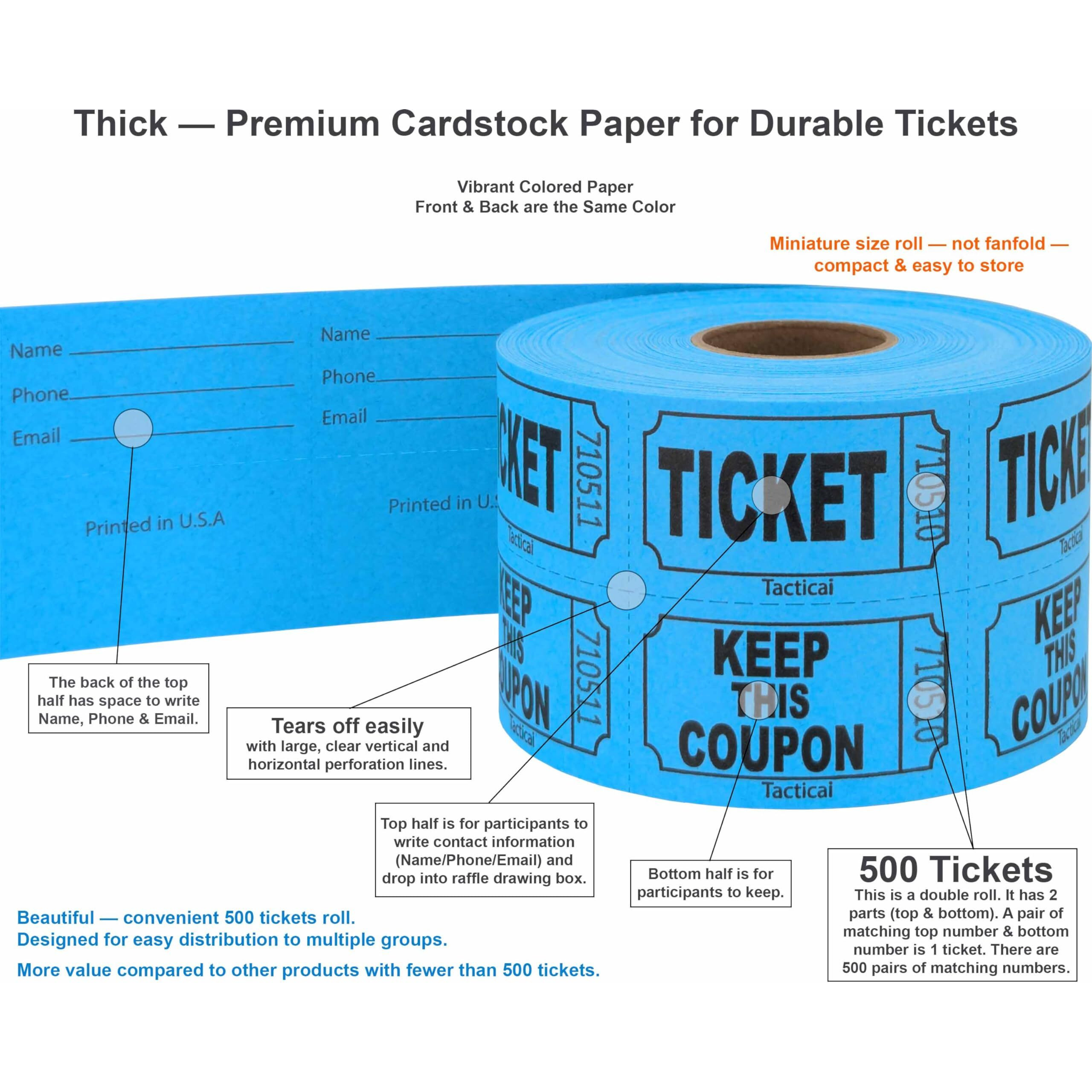 Tacticai 500 Raffle Tickets  Blue (8 Color Selection)  Double Roll  Ticket For Events  Entry  Class Reward  Fundraiser & Prizes