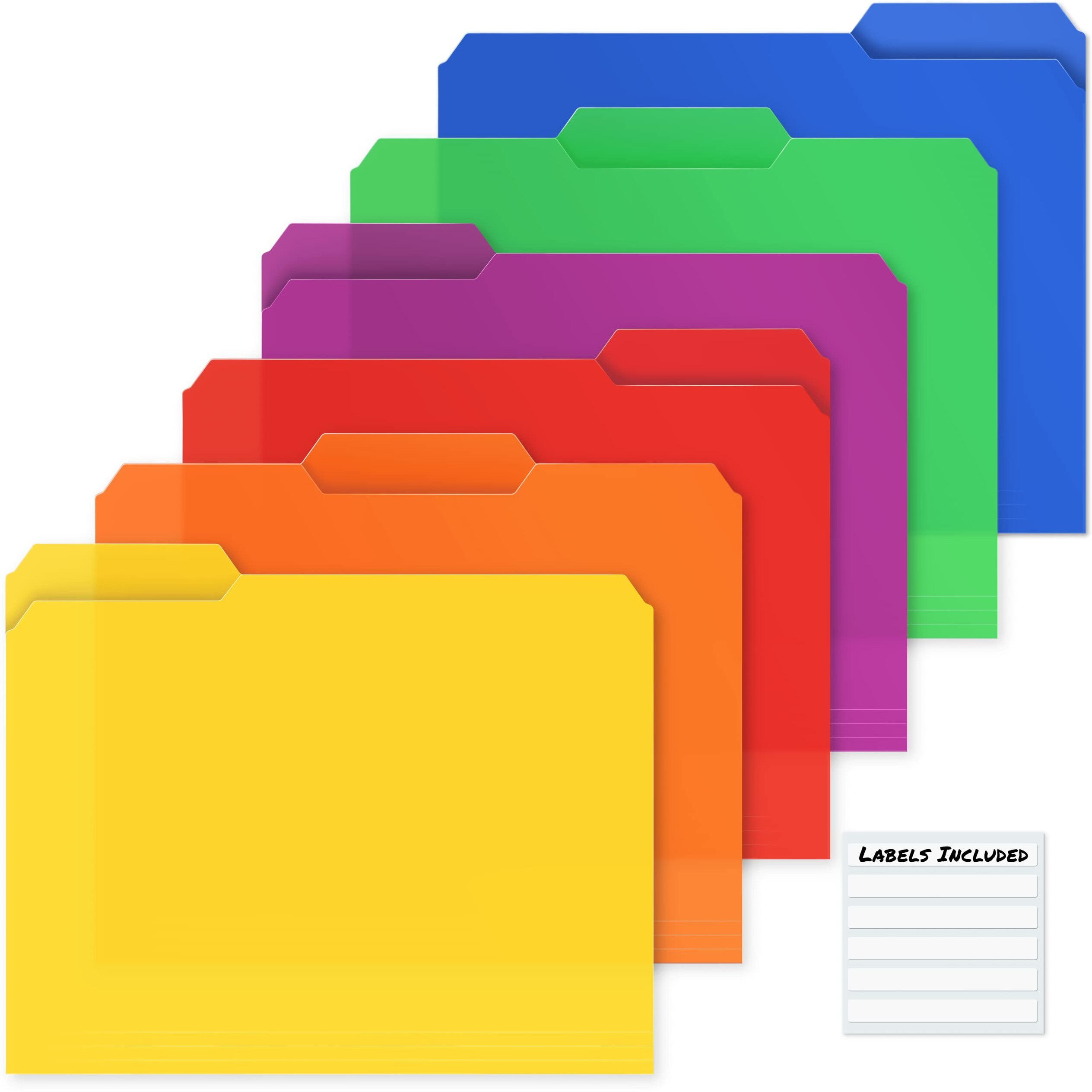 Dunwell Plastic Colored File Folders - (12 Pack)  Sturdy 1/3 Tab File Folders Letter Size  Assorted Colored Manila Folders 8.5 X 11  Poly File Folders For Documents  File Folders With Tabs  Labels