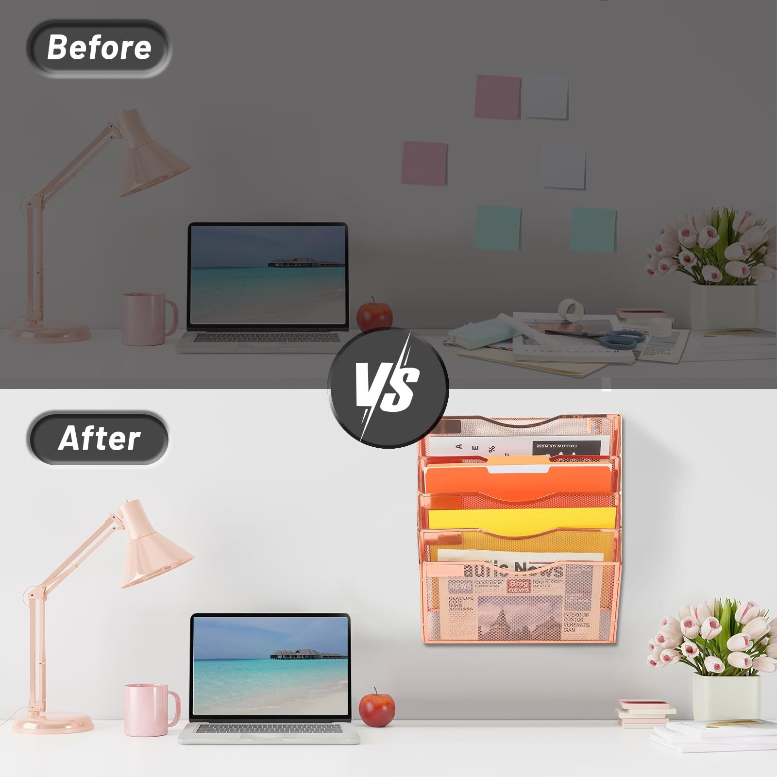 Easepres 5 Pocket Mesh Hanging Wall File Organizer  Wall Mounted Mail Paper Document Folder Holder  Clipboard Storage Organization Magazine Rack With Nametag Label For Office Home School  Rose Gold