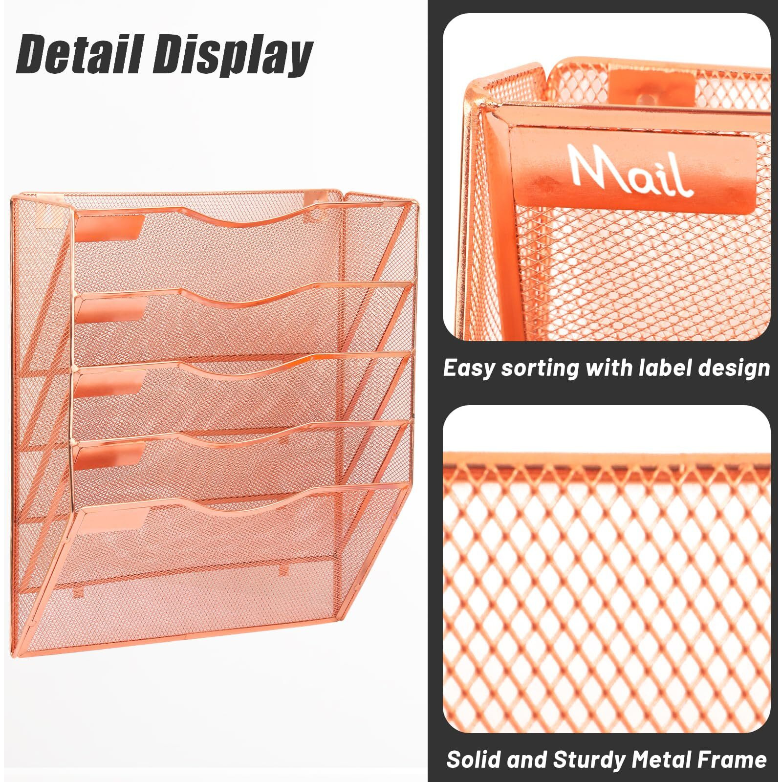 Easepres 5 Pocket Mesh Hanging Wall File Organizer  Wall Mounted Mail Paper Document Folder Holder  Clipboard Storage Organization Magazine Rack With Nametag Label For Office Home School  Rose Gold