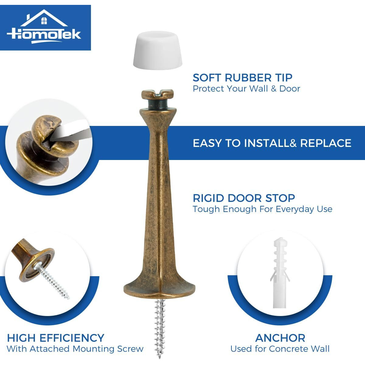 Homotek 4 Pack Heavy Duty Solid Rigid Door Stop With Soft Rubber Tip  Zinc Die Cast Door Stopper Protect Wall & Door Brass Bronze