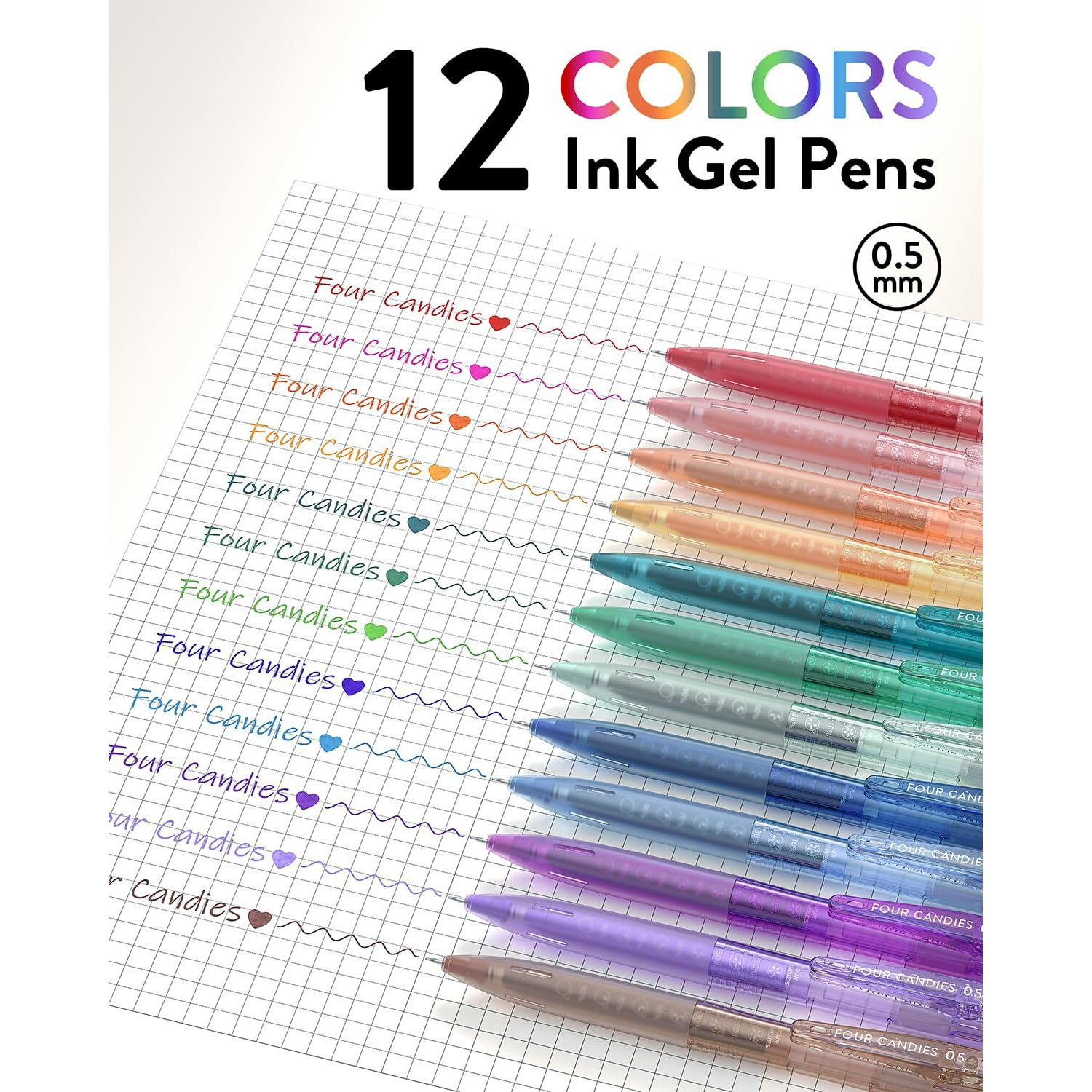 Four Candies 12Pack 0.5Mm Quick Dry Retractable Gel Pen Set  Cute Transparent Fine Point Multicolor Note Taking Aesthetic Lnk Pens  Comfort Grip 12 Ink Colors Drawing Writing School Office Home