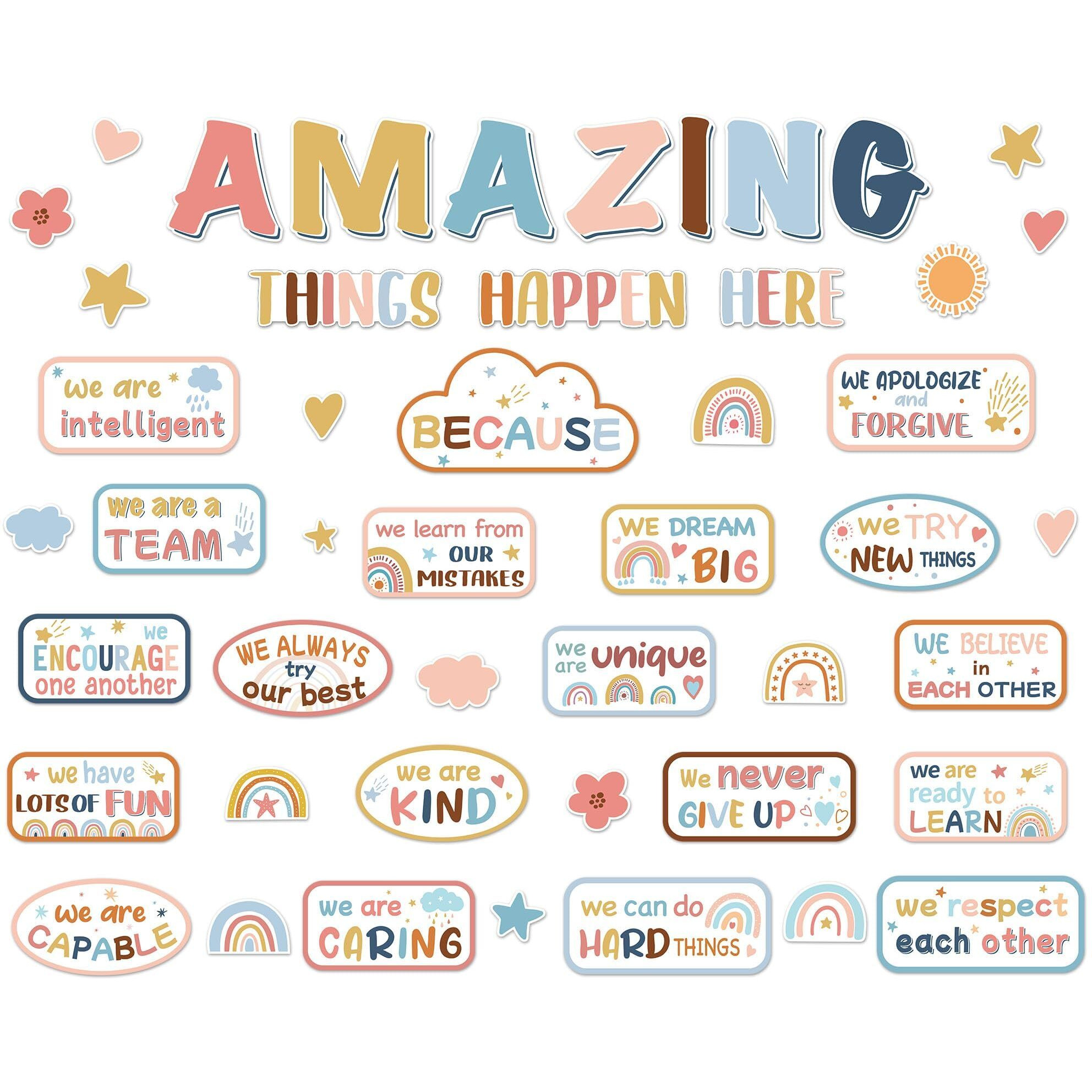 Boho Welcome Back To School Bulletin Board Classroom Decoration Boho Pastel Amazing Things Happen Here Bulletin Board Affirmation Station Positive Encouraging Paper Cutouts For School Class Wall Decor
