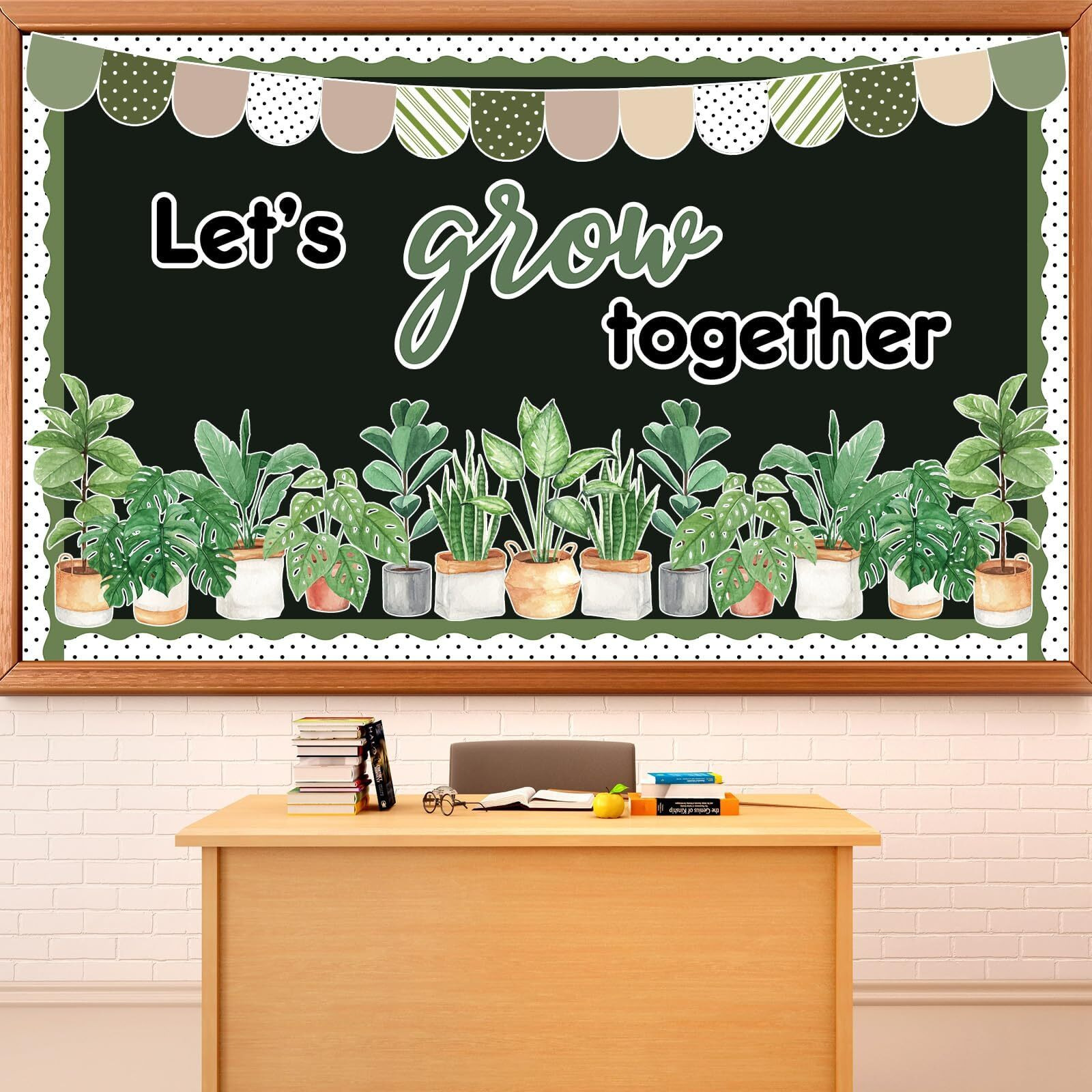 Ojustbeok Greenery Classroom Bulletin Board Decorations Potted Plant Bulletin Board Set Motivational Lets Grow Green Leaves Cutouts For Wall Decor Elementary Back To School Teacher Supplies