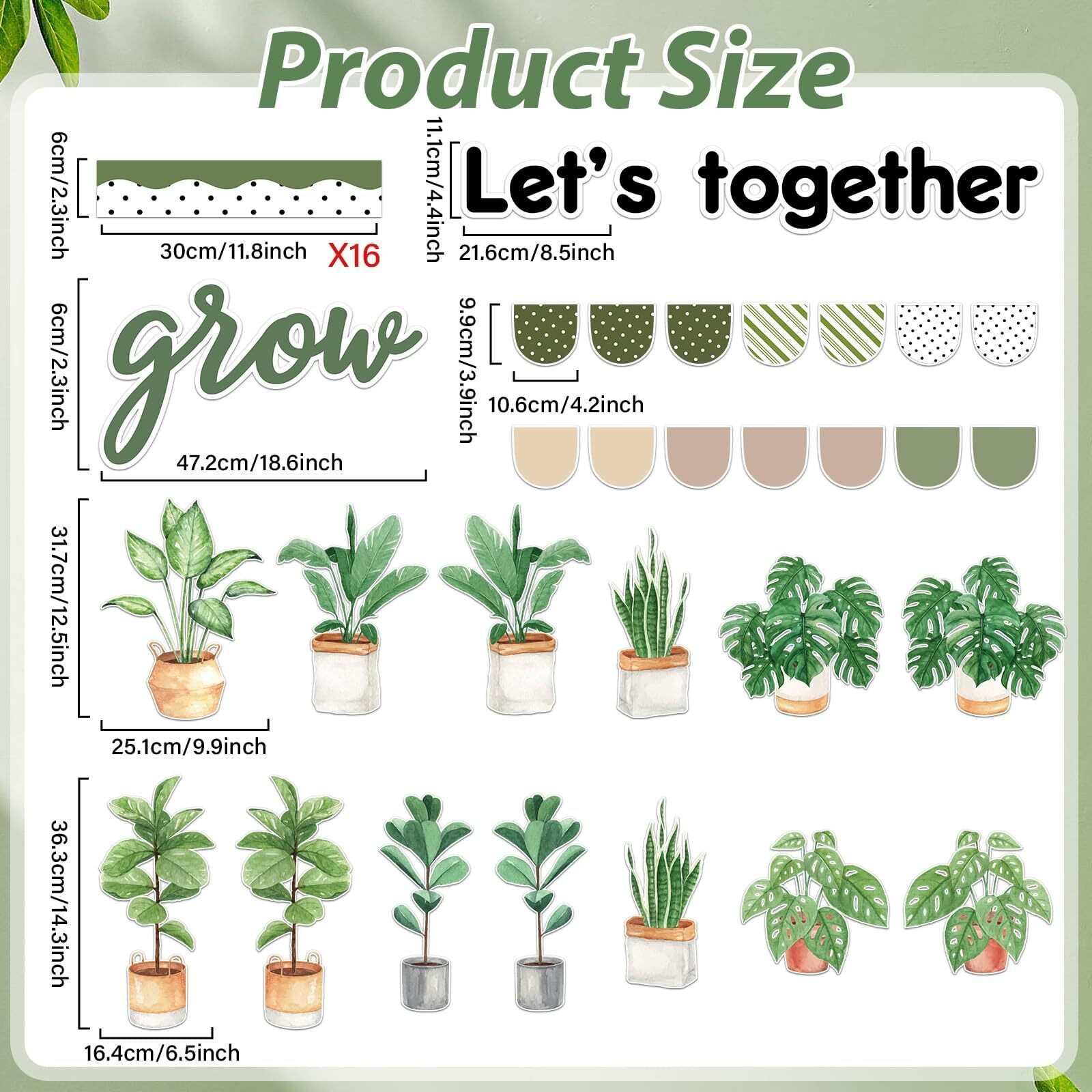 Ojustbeok Greenery Classroom Bulletin Board Decorations Potted Plant Bulletin Board Set Motivational Lets Grow Green Leaves Cutouts For Wall Decor Elementary Back To School Teacher Supplies