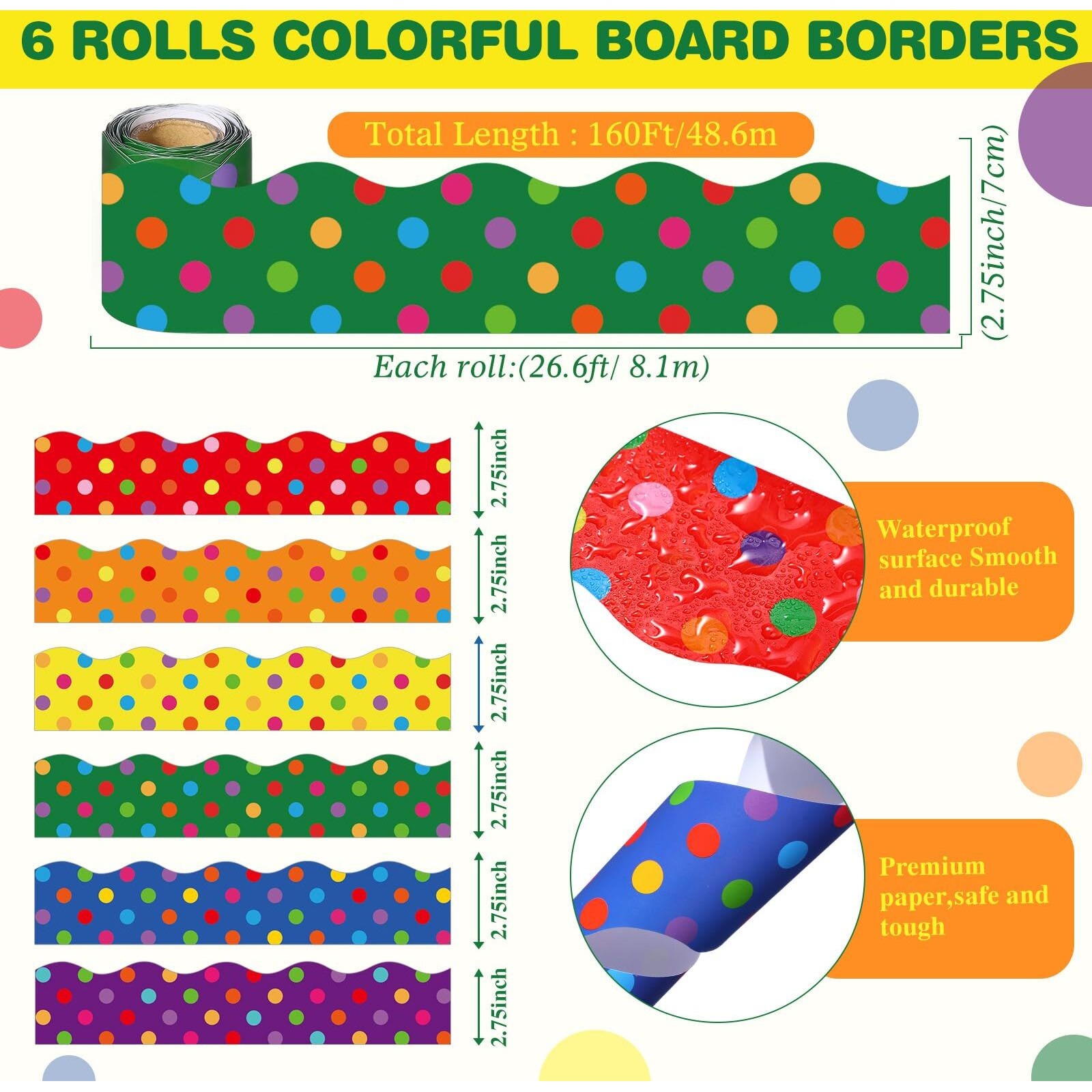 Tenceur 6 Rolls 160 Ft Colorful Polka Dot Bulletin Board Border Polka Dot Borders  Bulletin Border Decoration Scalloped Bulletin Board Trim Back To School Decoration For Classroom School Office