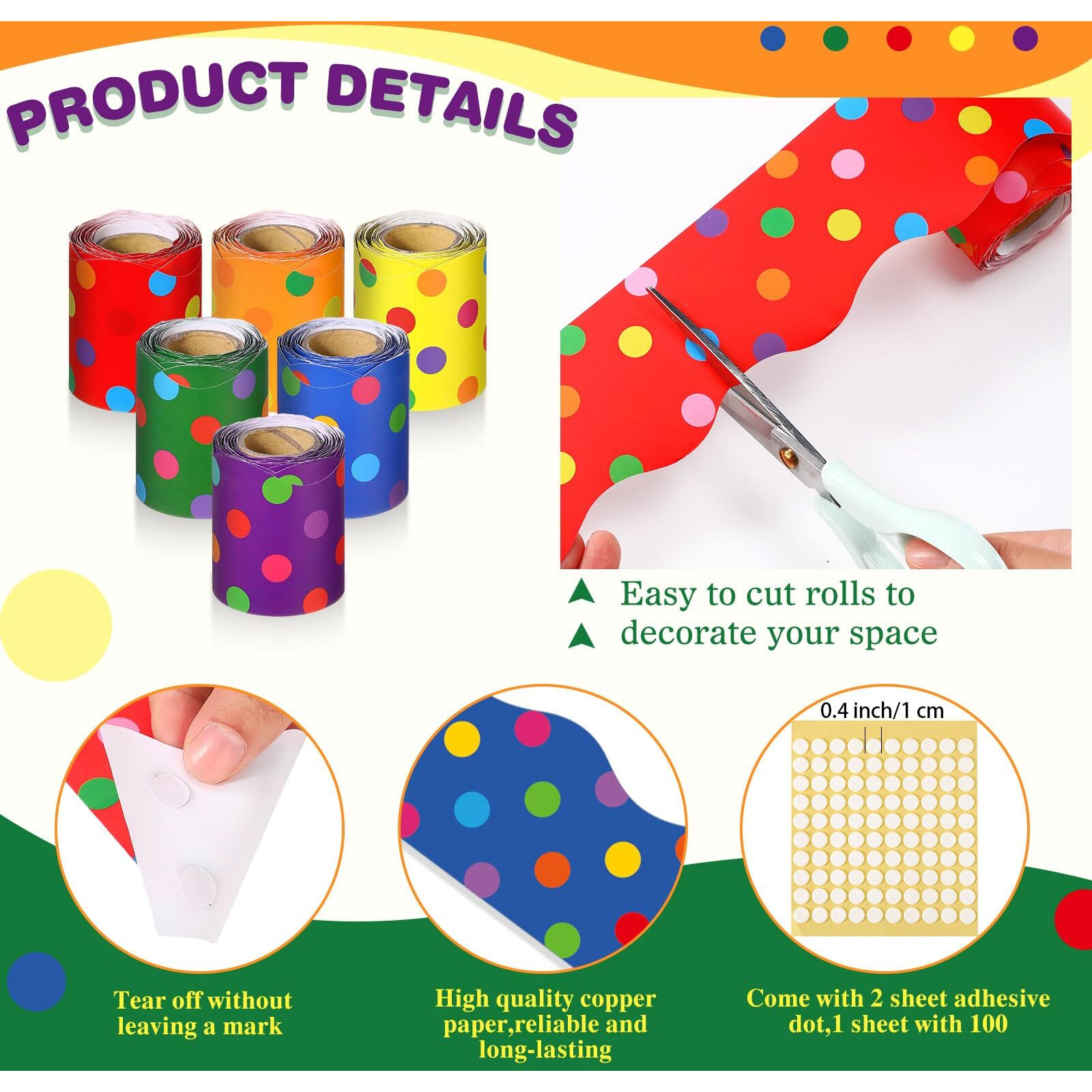 Tenceur 6 Rolls 160 Ft Colorful Polka Dot Bulletin Board Border Polka Dot Borders  Bulletin Border Decoration Scalloped Bulletin Board Trim Back To School Decoration For Classroom School Office