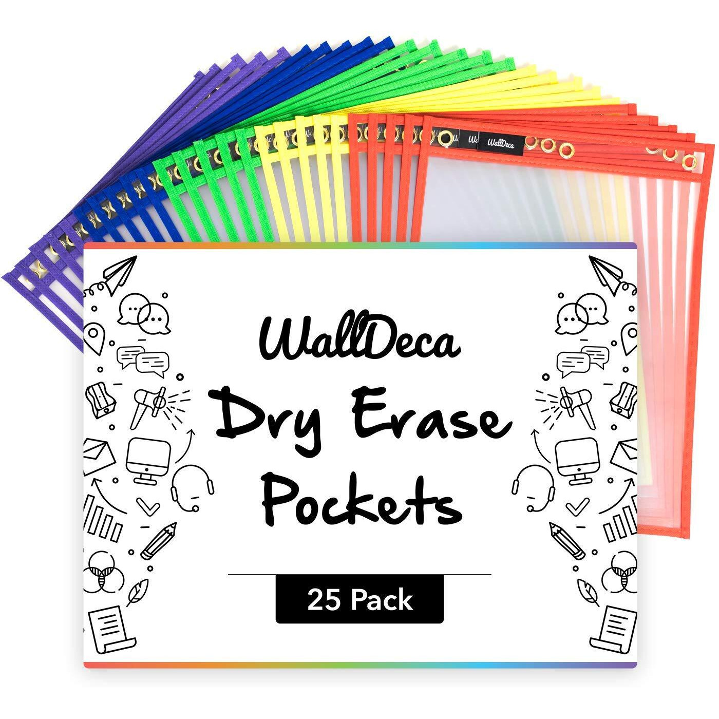 Walldeca Dry Erase Pocket Sleeves Assorted Colors  8.5"" X 11""  Plastic Paper Holder Pack  Reusable Dry Erase Sleeves  Paper Pocket Folders Plastic  5 Colors (25-Pack)