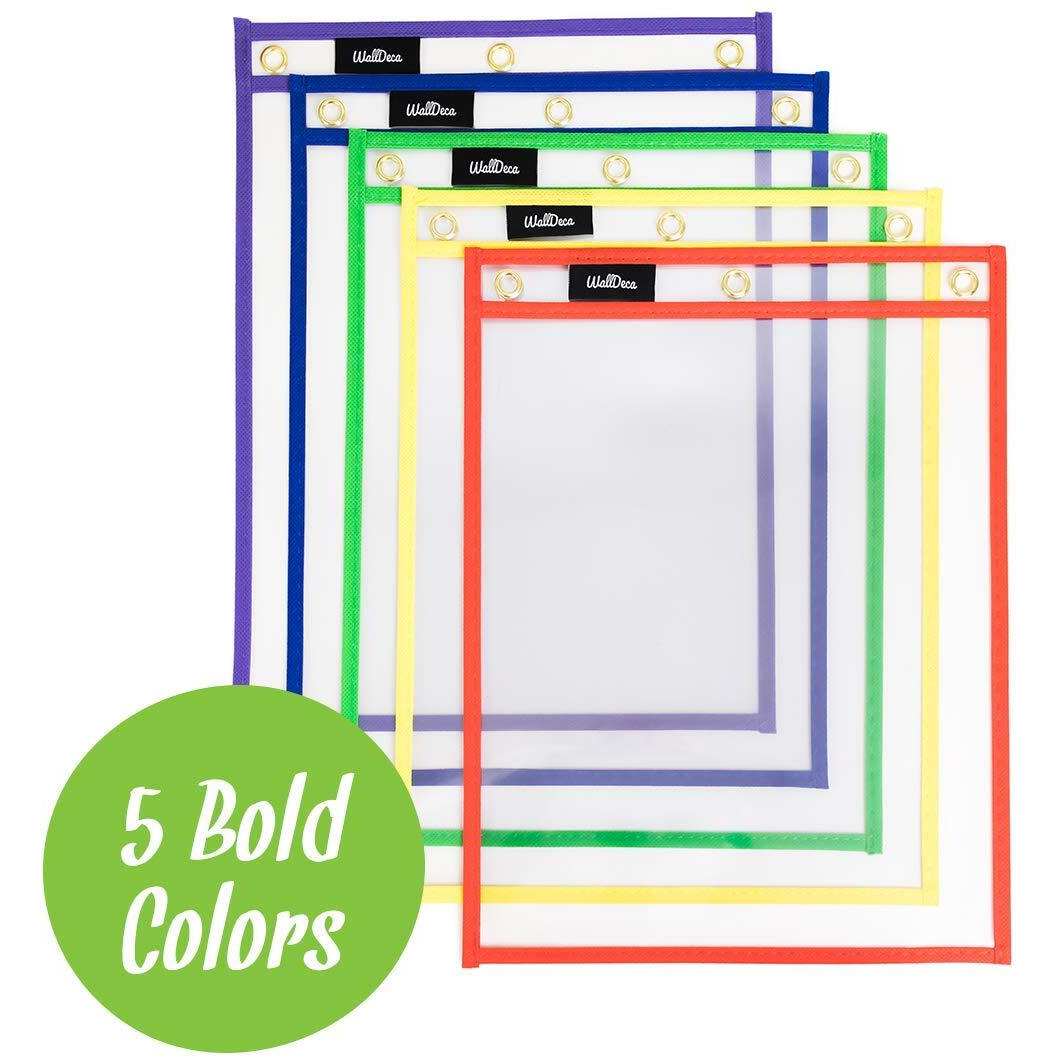 Walldeca Dry Erase Pocket Sleeves Assorted Colors  8.5"" X 11""  Plastic Paper Holder Pack  Reusable Dry Erase Sleeves  Paper Pocket Folders Plastic  5 Colors (25-Pack)