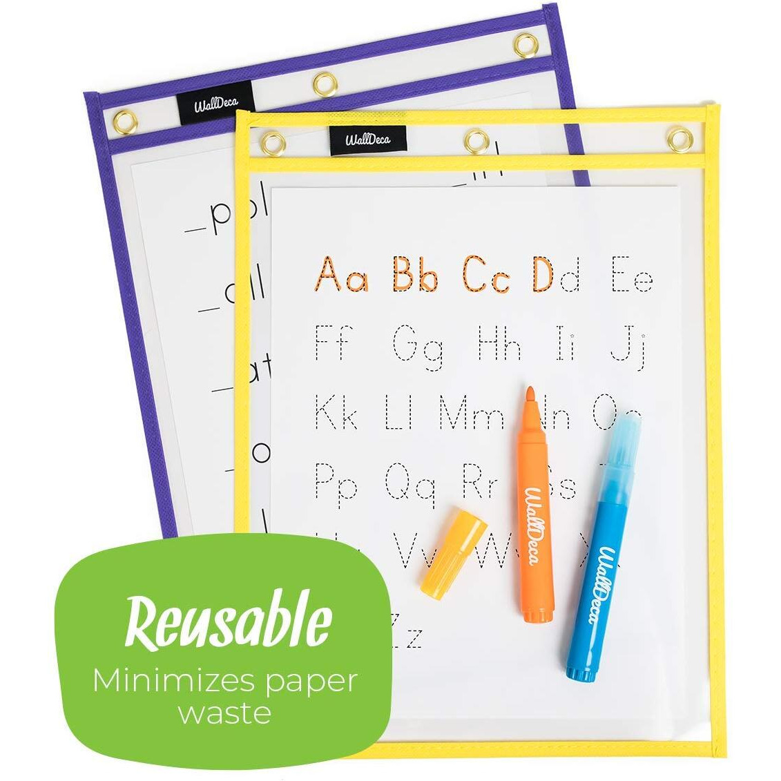 Walldeca Dry Erase Pocket Sleeves Assorted Colors  8.5"" X 11""  Plastic Paper Holder Pack  Reusable Dry Erase Sleeves  Paper Pocket Folders Plastic  5 Colors (25-Pack)