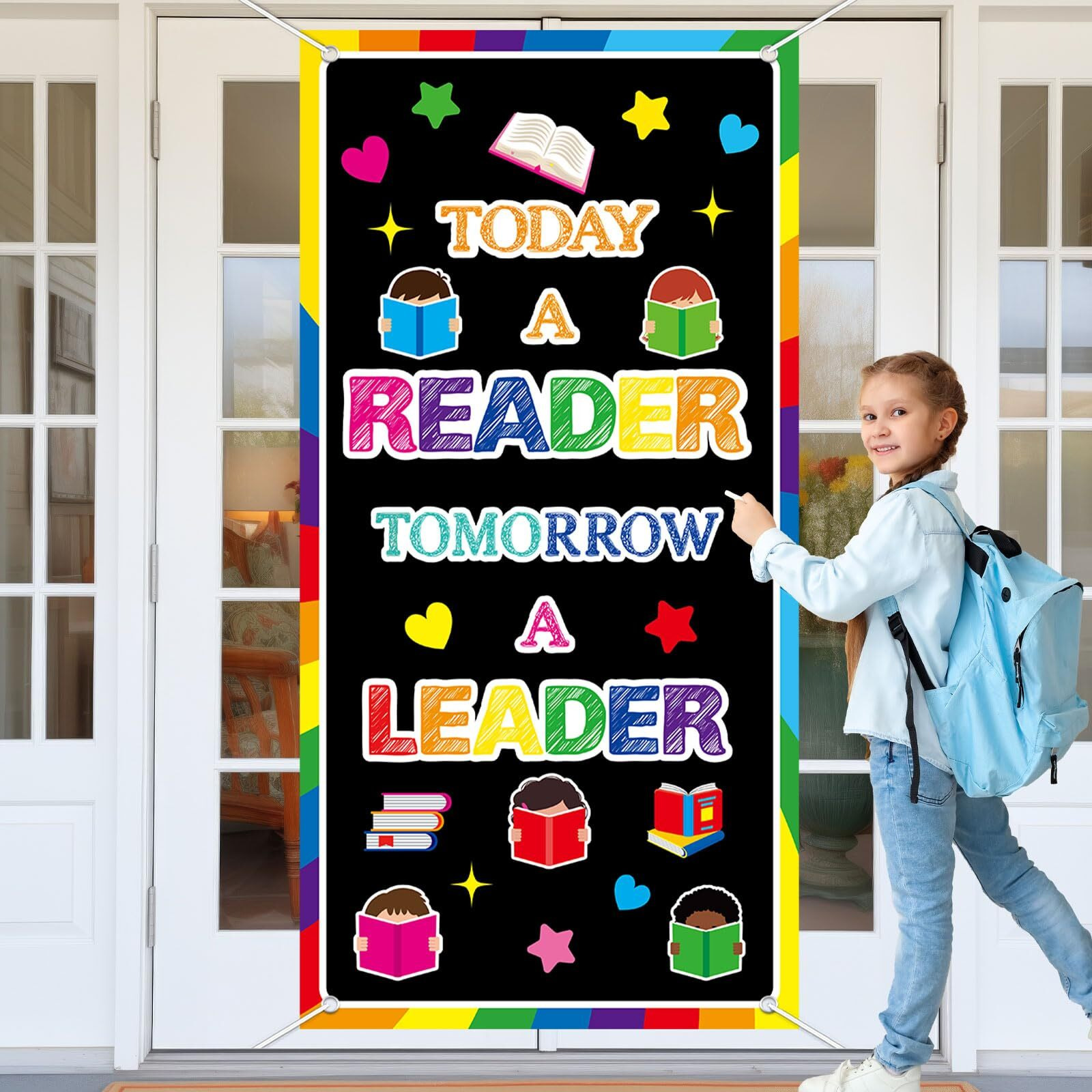 Wiooffen Classroom Colorful Welcome Door Cover Banner Wall Door Decor Back To School Classroom Decoration Front Door Porch Sign For Kindergarten Preschool Elementary(Today A Reader  Tomorrow A Leader)