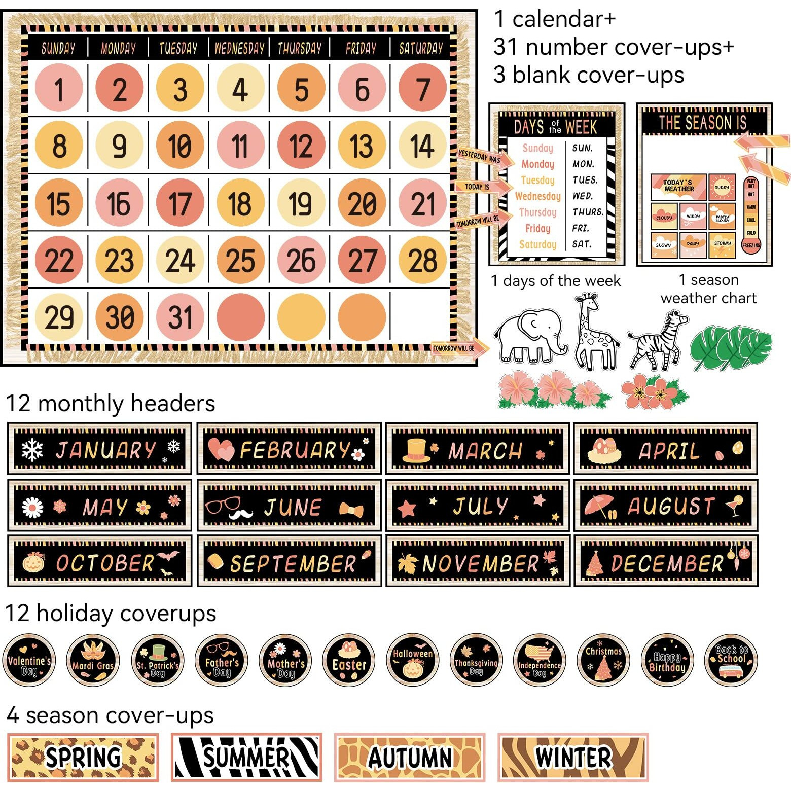 Safari Jungle Animal Calendar Bulletin Board Set Simply Ctp Bulletin Board Calendar Seasons Weather Chart Animal Classroom Decoration With Season  Weather And Days Of The Week Chart Back To School