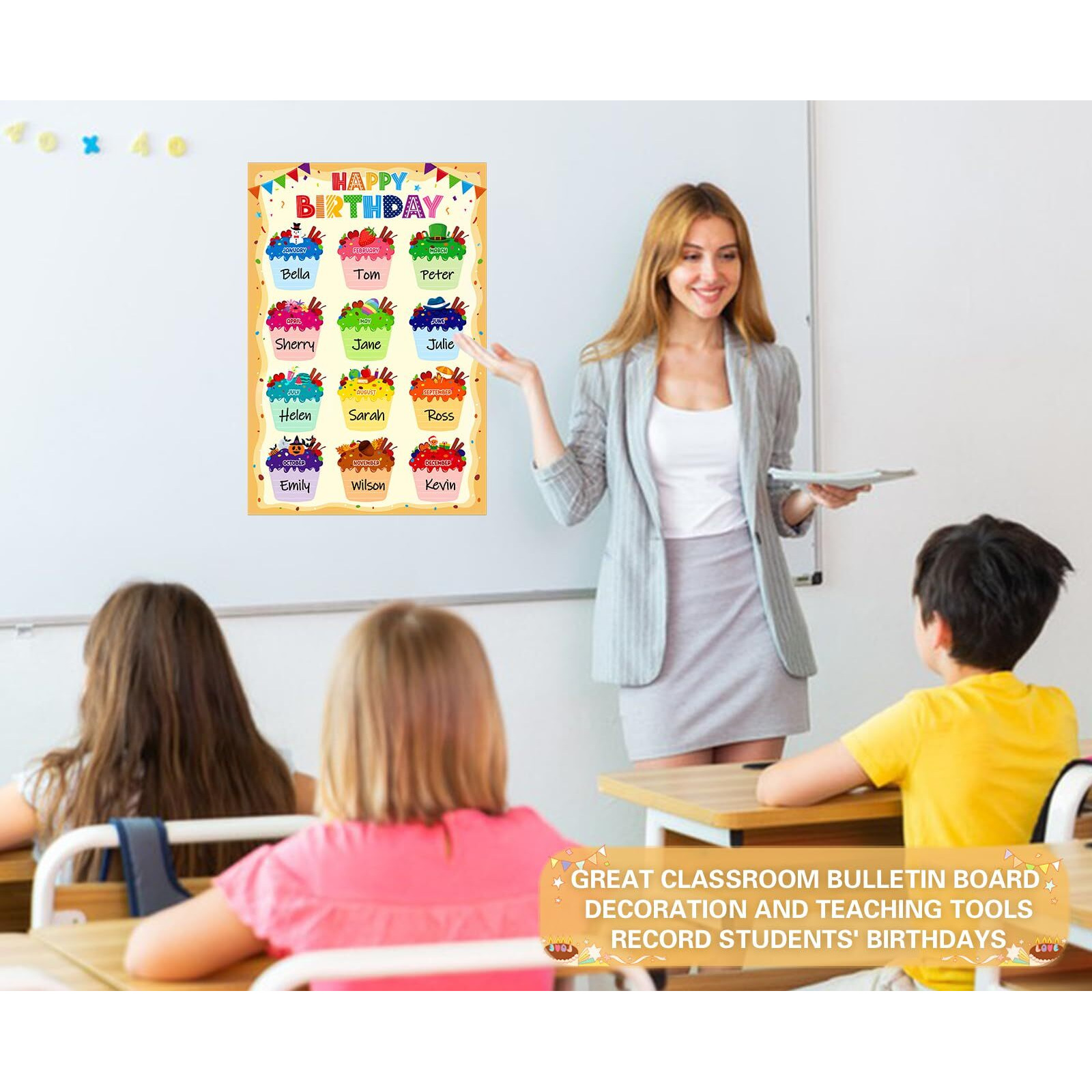 D24Time Birthday Poster Chart For Classroom-Cupcake Birthday Calendar For Classroom Decorations Waterproof Laminated Happy Birthday Poster For Bulletin Board Decorations Back To School Supplies