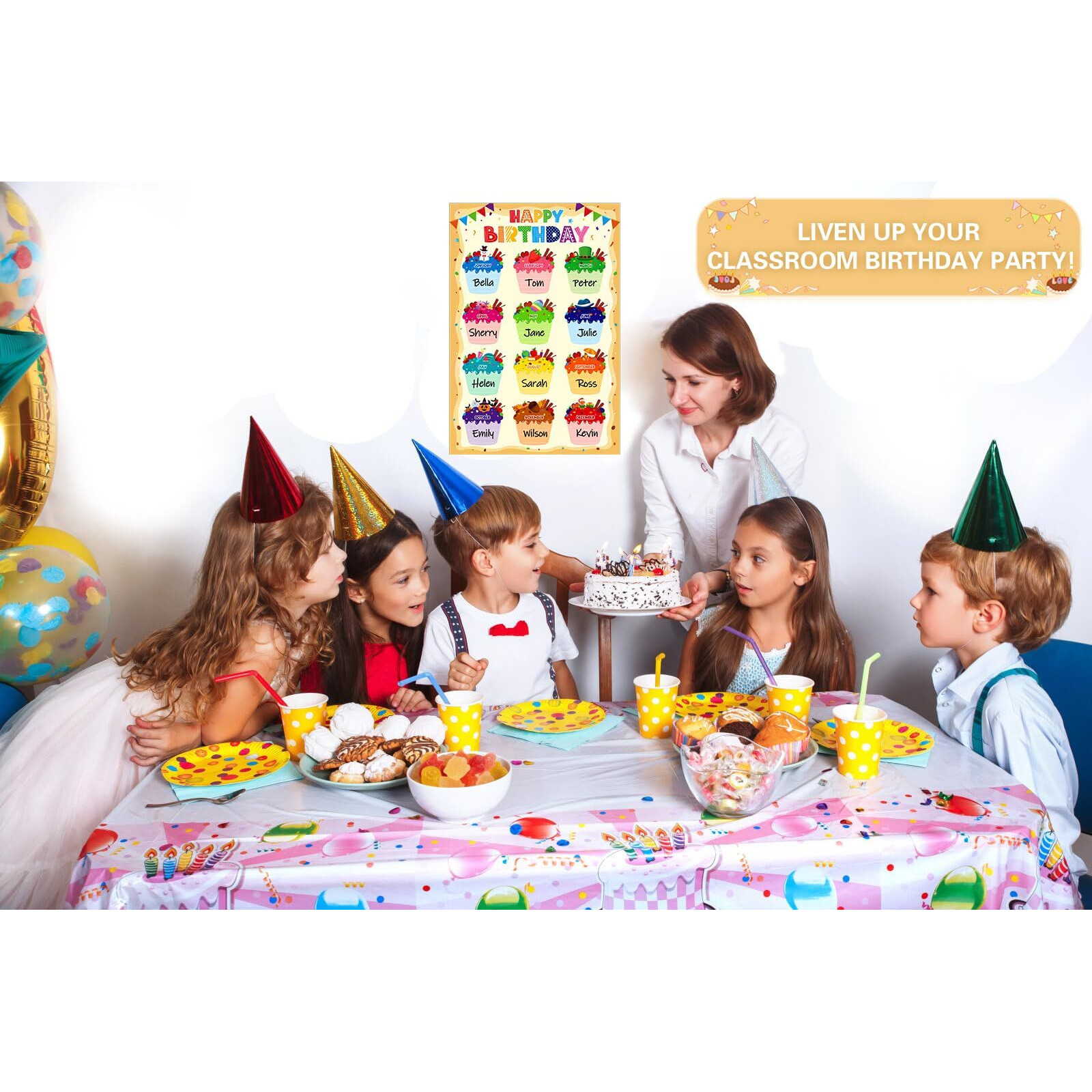 D24Time Birthday Poster Chart For Classroom-Cupcake Birthday Calendar For Classroom Decorations Waterproof Laminated Happy Birthday Poster For Bulletin Board Decorations Back To School Supplies
