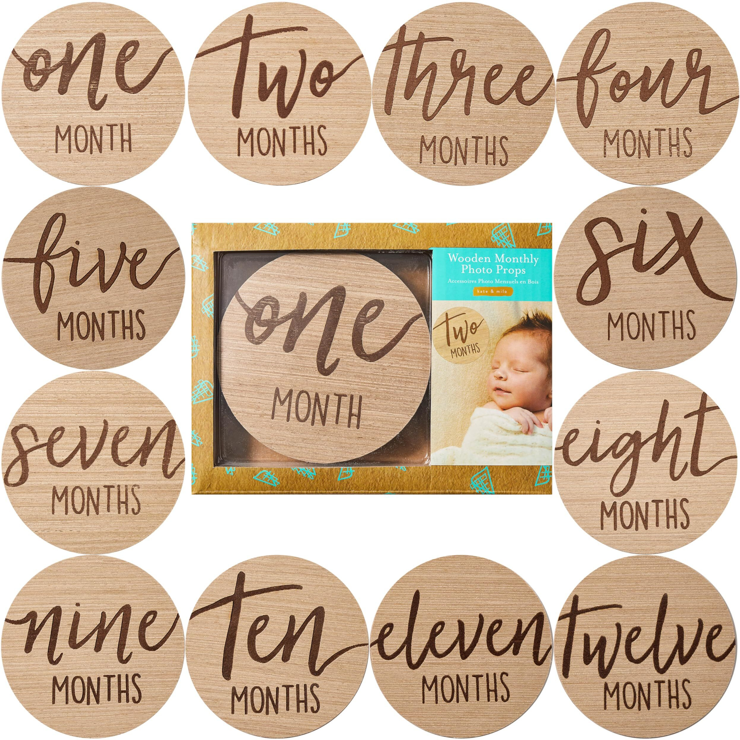 Kate & Milo Baby Monthly Milestone Marker Discs - Classic Cursive Script Wooden Discs With Reversible Photo Props For Baby Announcement And Milestones  Gender-Neutral Gift For Newborn Boy And Girl