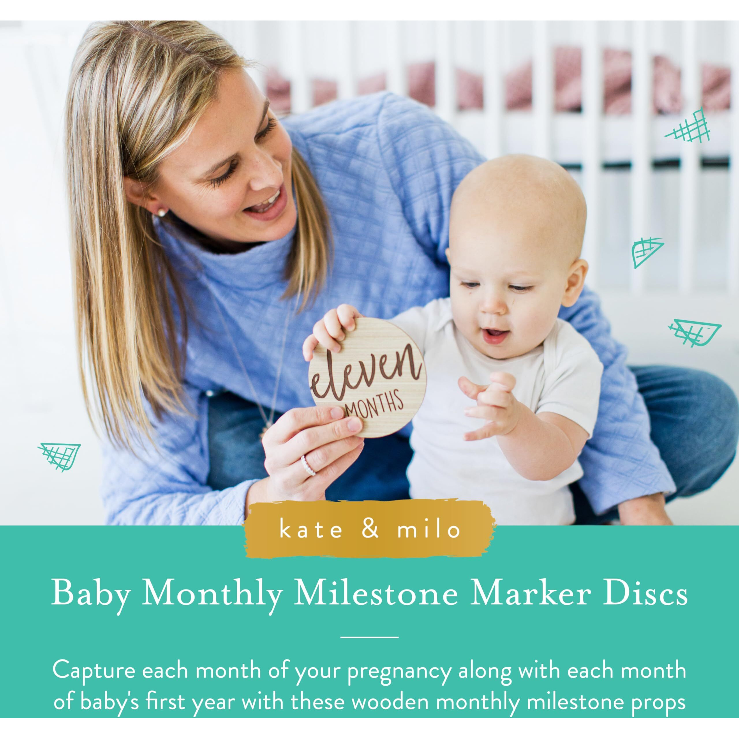 Kate & Milo Baby Monthly Milestone Marker Discs - Classic Cursive Script Wooden Discs With Reversible Photo Props For Baby Announcement And Milestones  Gender-Neutral Gift For Newborn Boy And Girl