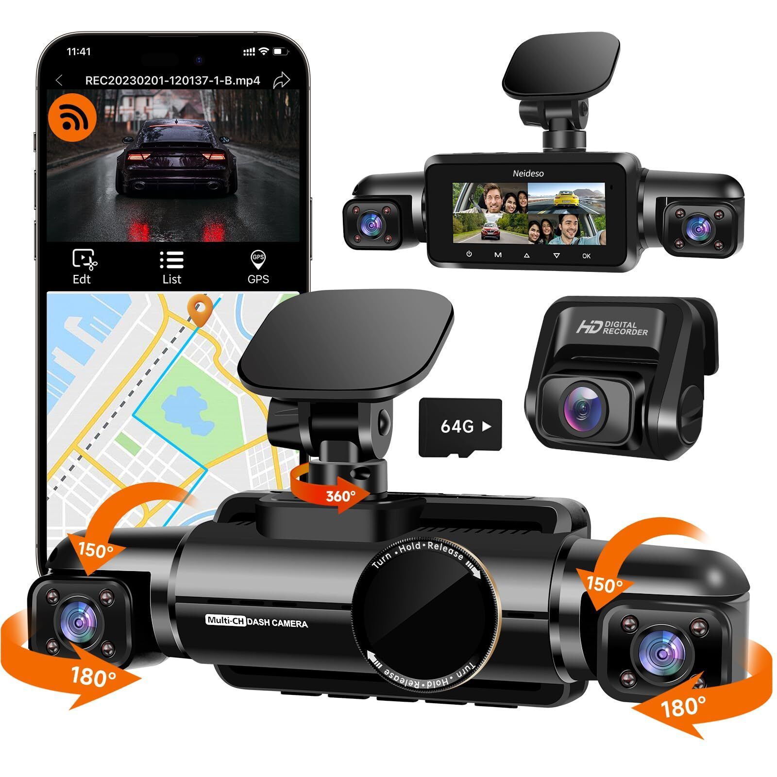 Neideso 360 Dash Cam Front  Rear And Inside  4 Channel 3K+3*1080P  5Ghz Wi-Fi Gps  Voice Control  4K+1080P*2 Dash Camera For Cars  Cpl Filter  Free 64Gb Sd Card  Night Vision  24H Parking Mode(N700)