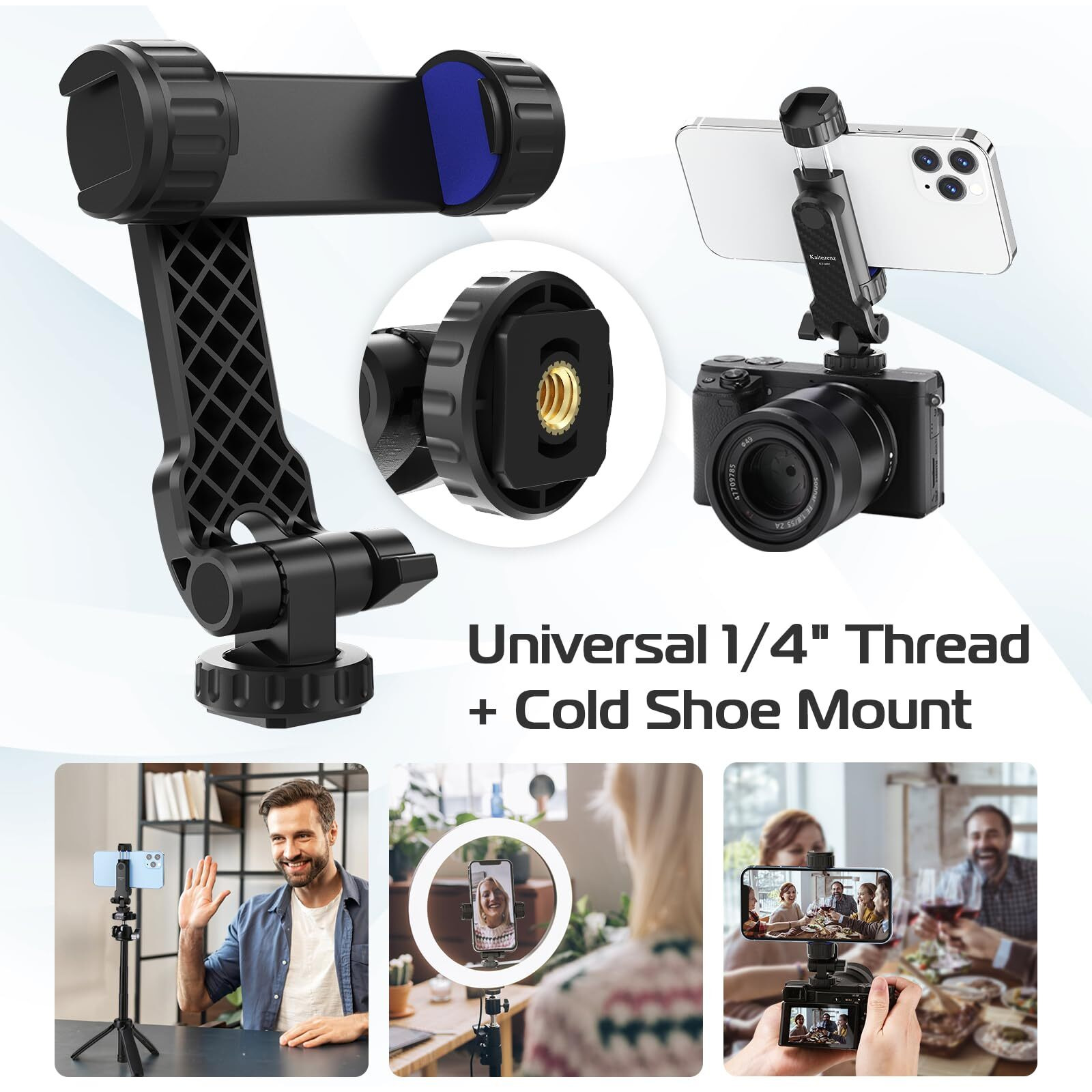 Kaitezenz Cell Phone Tripod Mount  Universal Tripod Phone Mount With 2 Cold Shoes  360 Rotates 180 Tilts Camera Hot Shoe Phone Mount Smartphone Tripod Holder Adapter For Iphone Samsung All Phones