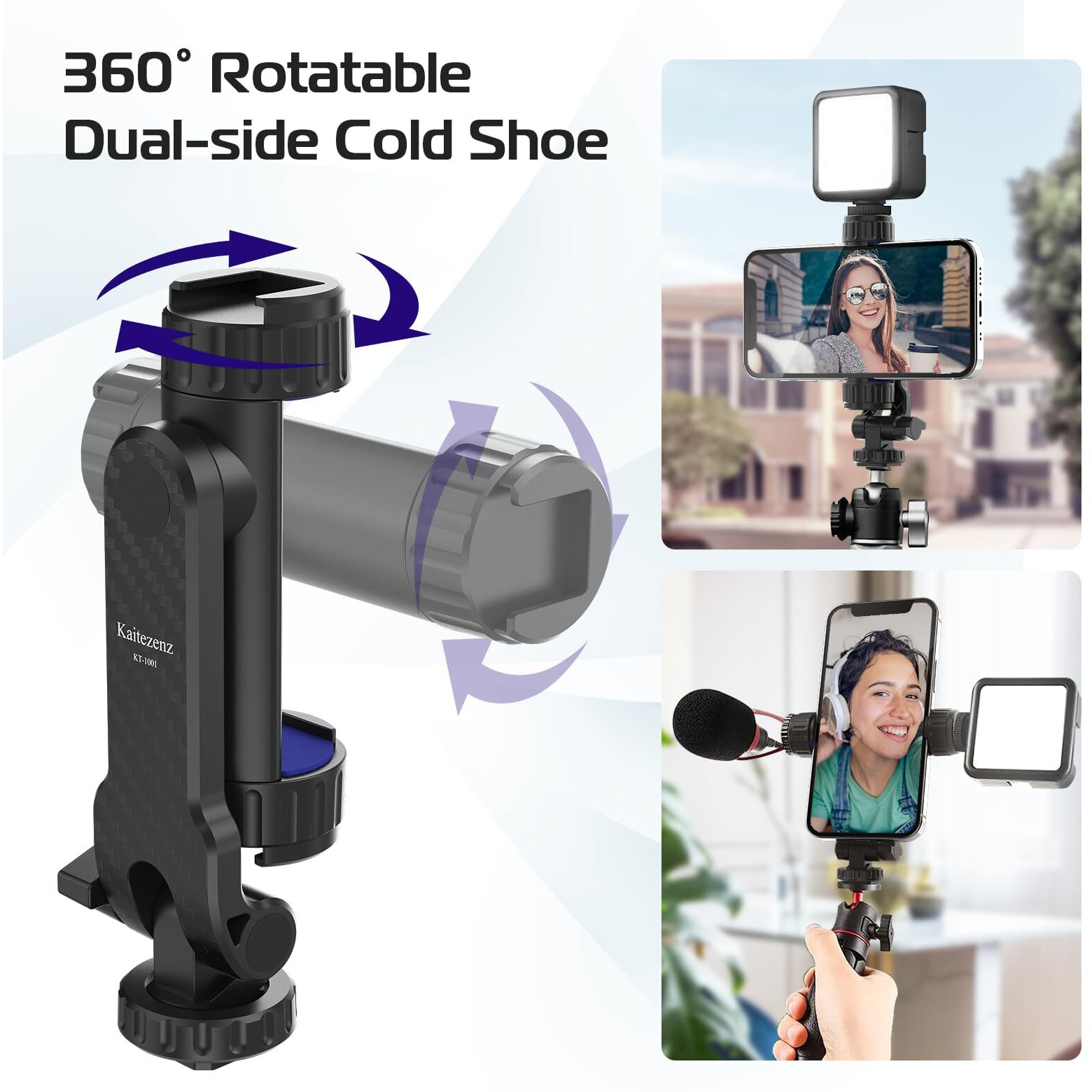 Kaitezenz Cell Phone Tripod Mount  Universal Tripod Phone Mount With 2 Cold Shoes  360 Rotates 180 Tilts Camera Hot Shoe Phone Mount Smartphone Tripod Holder Adapter For Iphone Samsung All Phones