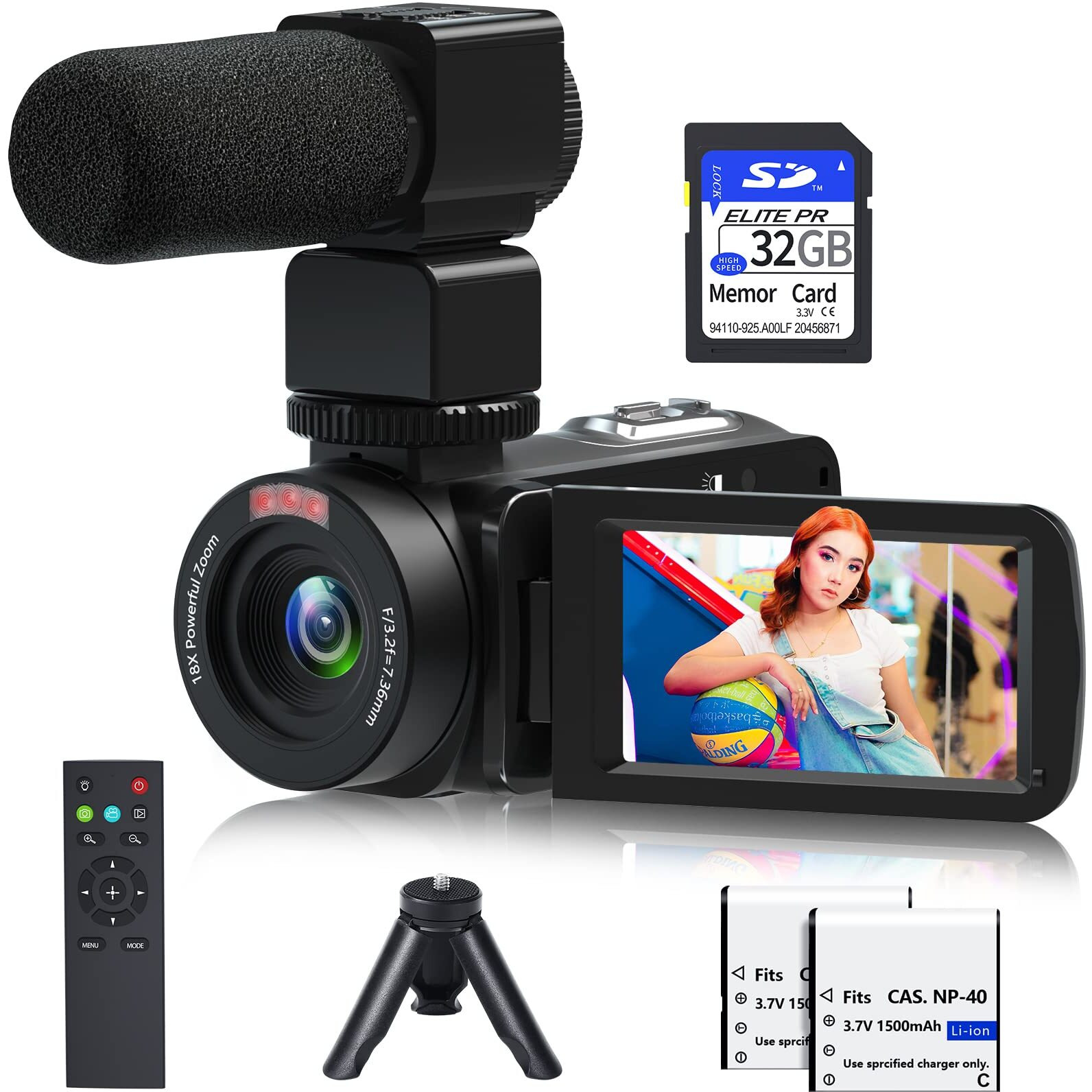 Video Camera  1080P 30Mp Camcorder Ir Night Vision Vlogging Camera For Youtube 3.0"" Lcd Screen 18X Digital Zoom Recorder Camera With Remote Control  Microphone  Mini Tripod  2 Battries  32Gb Sd Card