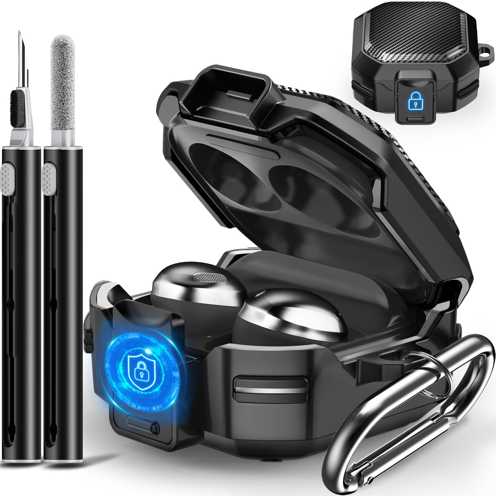 With Safety Lock Carbon Fiber Case For Samsung Galaxy Buds Pro 2 Case/Galaxy Buds 2 Case/Galaxy Buds Live Case/Galaxy Buds Pro Case/Galaxy Buds Fe Case 2023 With Keychain/Cleaner Kit - Black