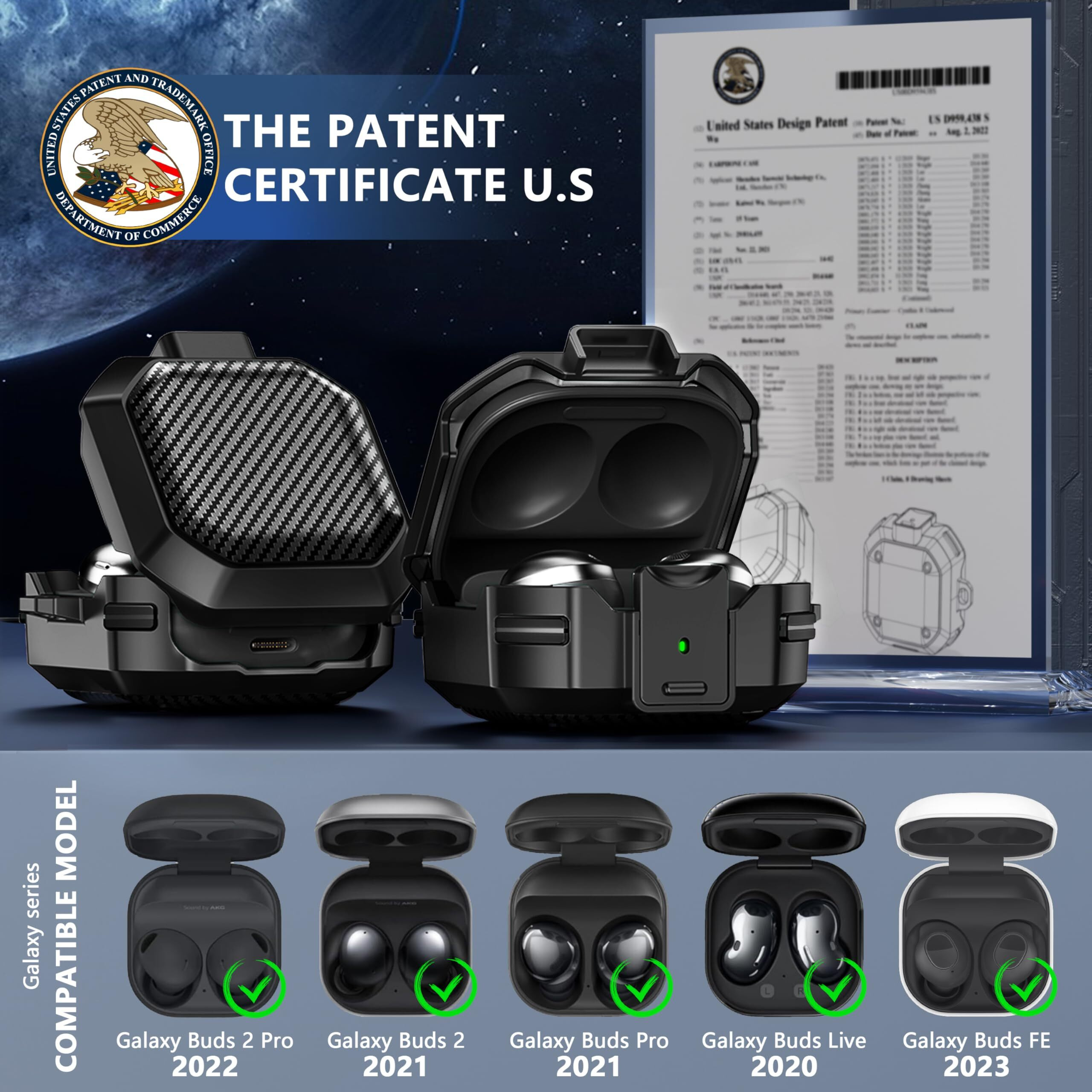 With Safety Lock Carbon Fiber Case For Samsung Galaxy Buds Pro 2 Case/Galaxy Buds 2 Case/Galaxy Buds Live Case/Galaxy Buds Pro Case/Galaxy Buds Fe Case 2023 With Keychain/Cleaner Kit - Black