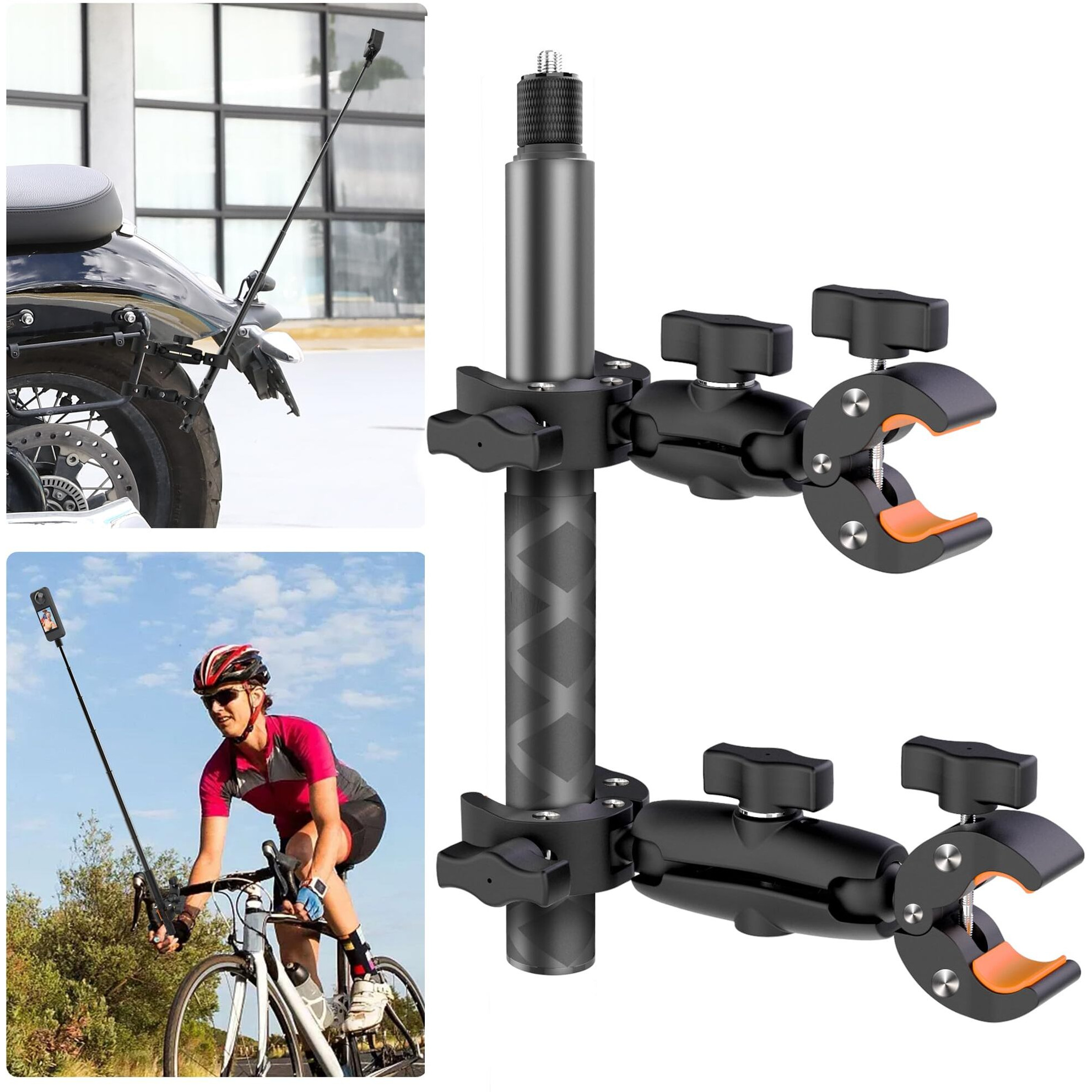 Motorcycle Bike Handlebar Mount For Insta360  Double Clamp Mount With 118Cm Selfie Stick For Insta360 X4 X3 X2 X One Rs R Perfect For Cycling Videos Umbrella Clamp Third-Person Bike Handlebar Mount