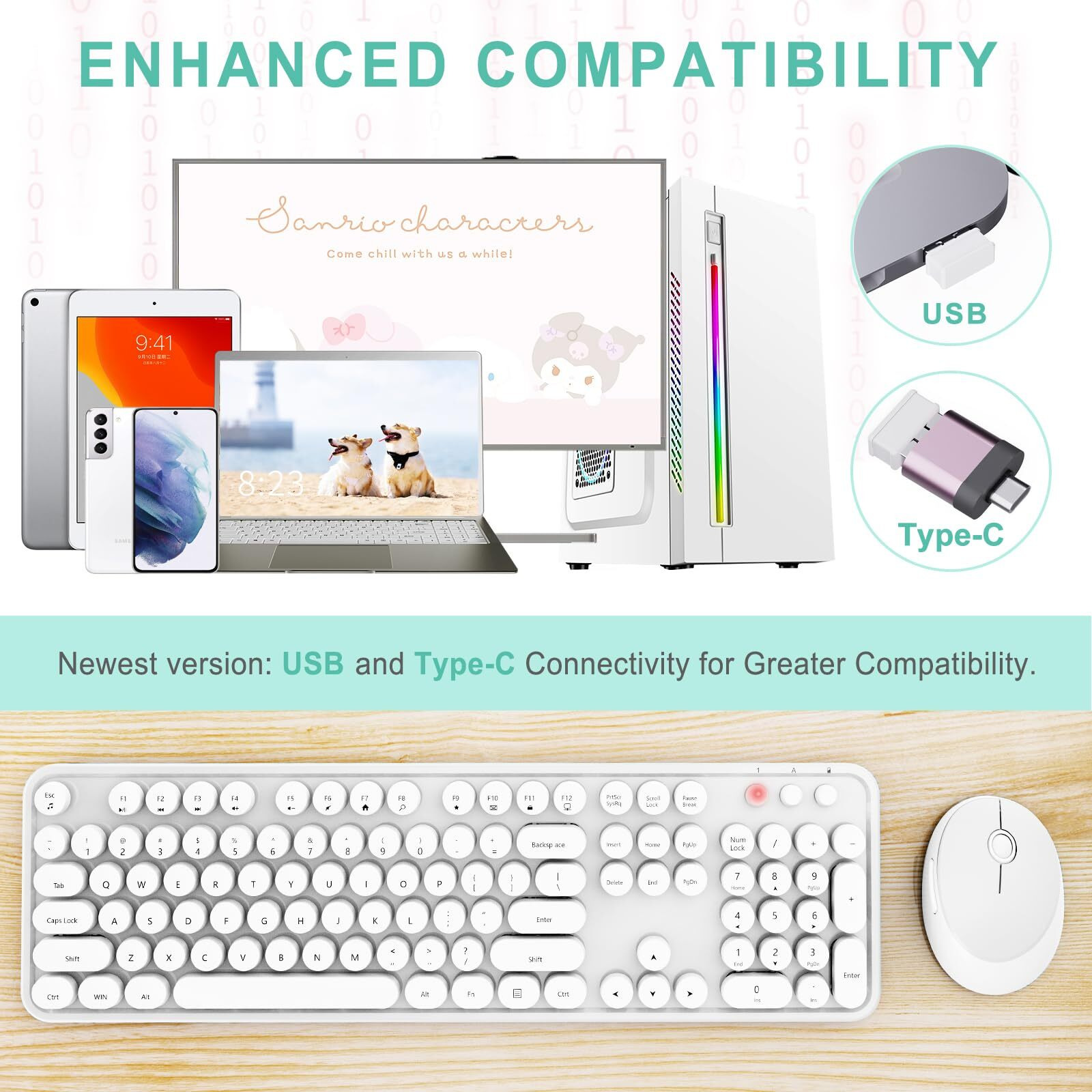 Wireless Keyboard And Mouse Combo  Ergonomic Full Size Typewriter Retro Round Keycaps Keyboard  Compatible With Windows  Pc  Perfer For Home And Office Keyboards(White)
