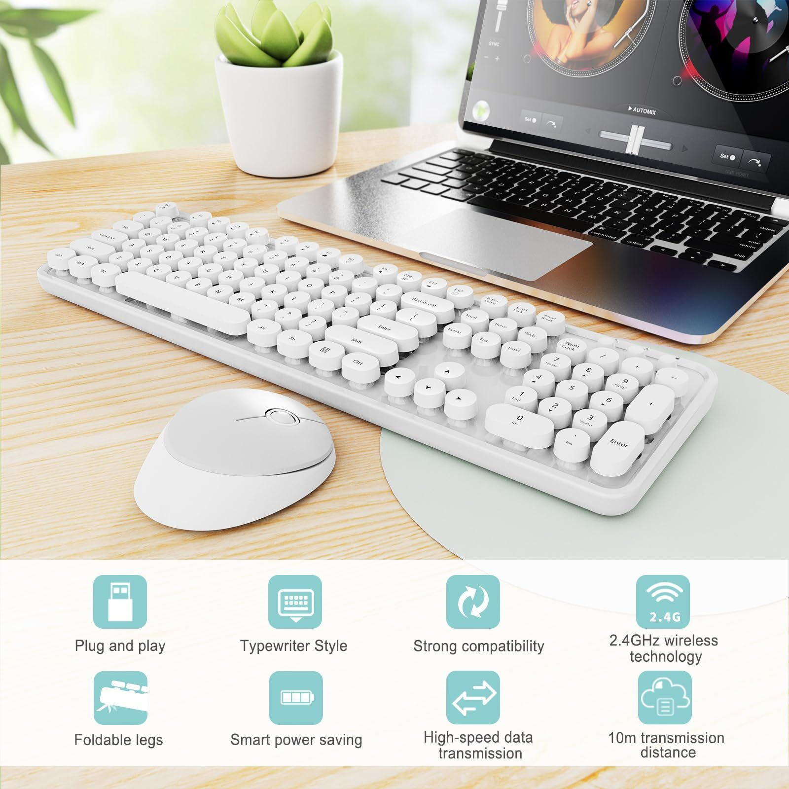 Wireless Keyboard And Mouse Combo  Ergonomic Full Size Typewriter Retro Round Keycaps Keyboard  Compatible With Windows  Pc  Perfer For Home And Office Keyboards(White)
