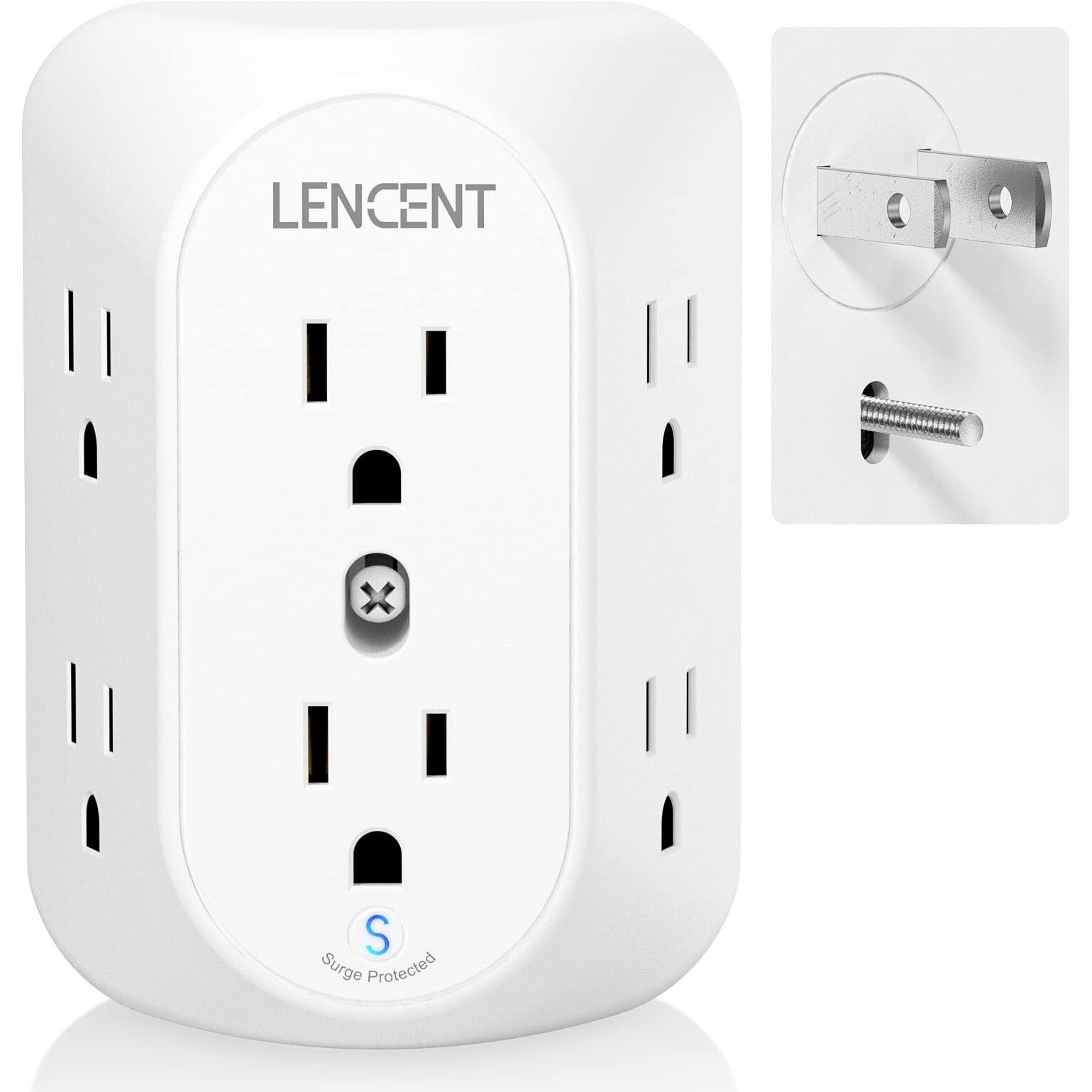 Lencent 2 Prong Power Strip  3 To 2 Prong Grounding Outlet Adapter  Polarized Plug  Surge Protector  3-Sided 6 Outlets Widely Spaced Extender  Mountable Wall Tap For Non-Grounded Outlet