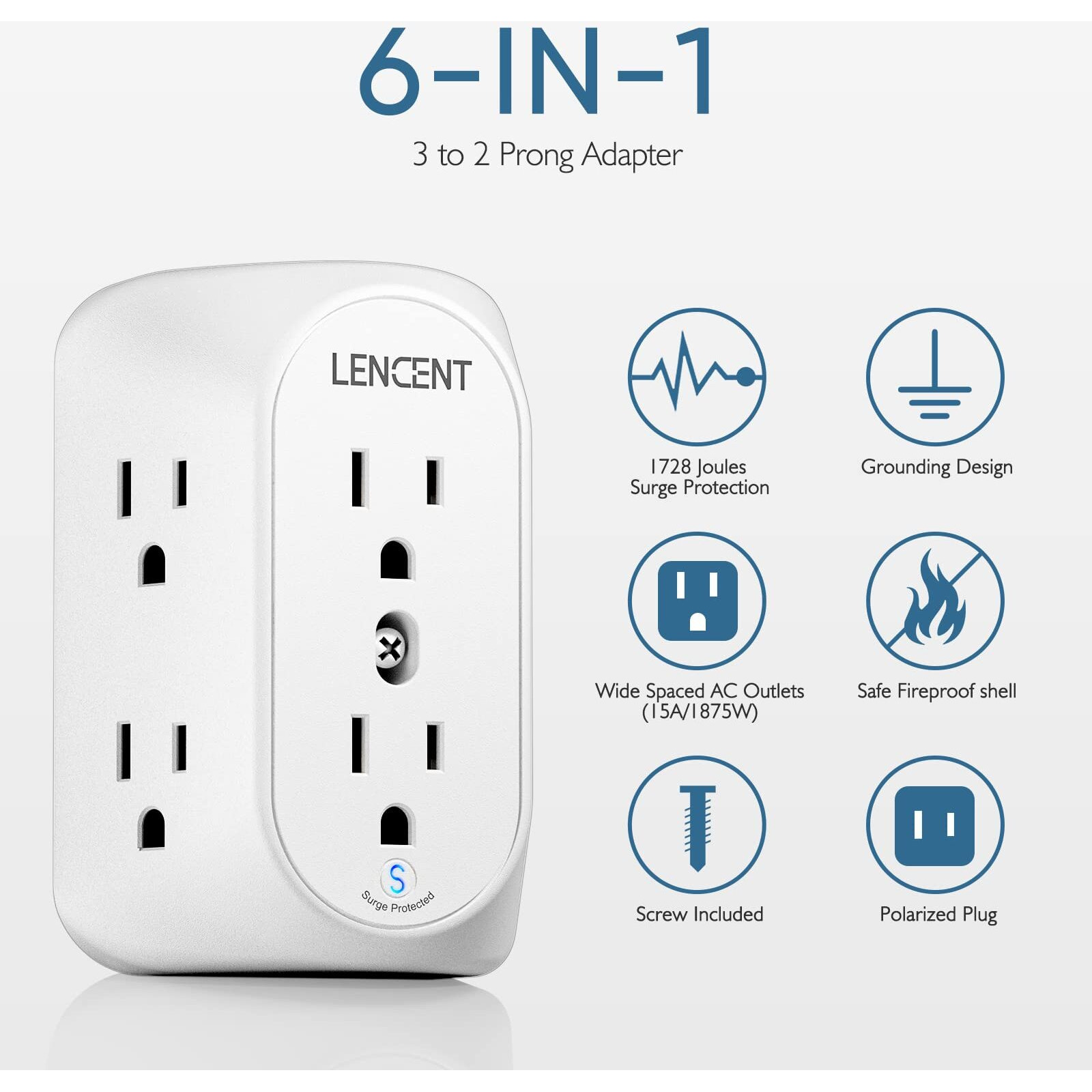 Lencent 2 Prong Power Strip  3 To 2 Prong Grounding Outlet Adapter  Polarized Plug  Surge Protector  3-Sided 6 Outlets Widely Spaced Extender  Mountable Wall Tap For Non-Grounded Outlet