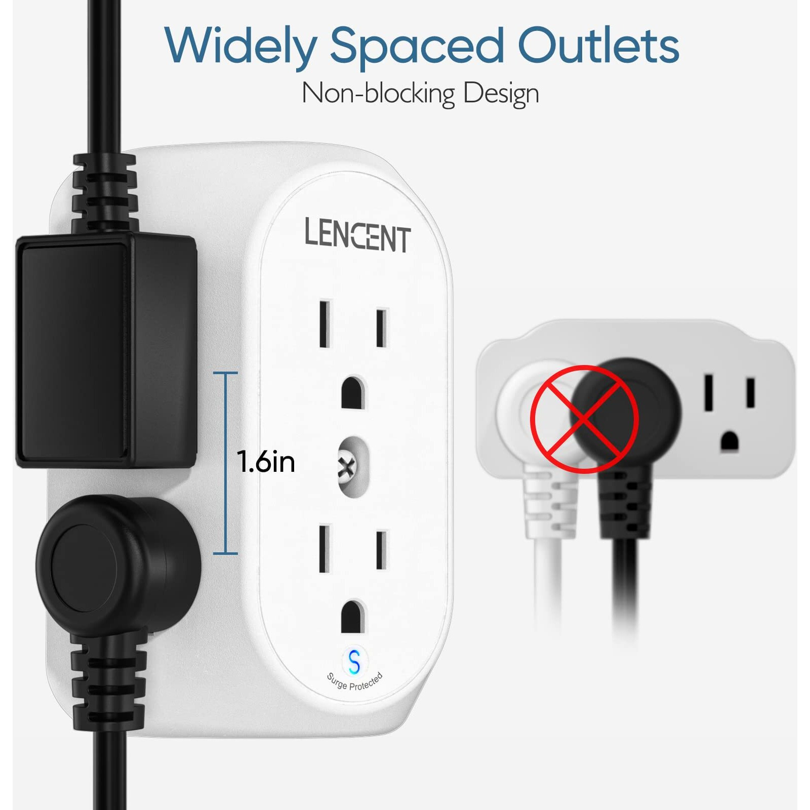 Lencent 2 Prong Power Strip  3 To 2 Prong Grounding Outlet Adapter  Polarized Plug  Surge Protector  3-Sided 6 Outlets Widely Spaced Extender  Mountable Wall Tap For Non-Grounded Outlet