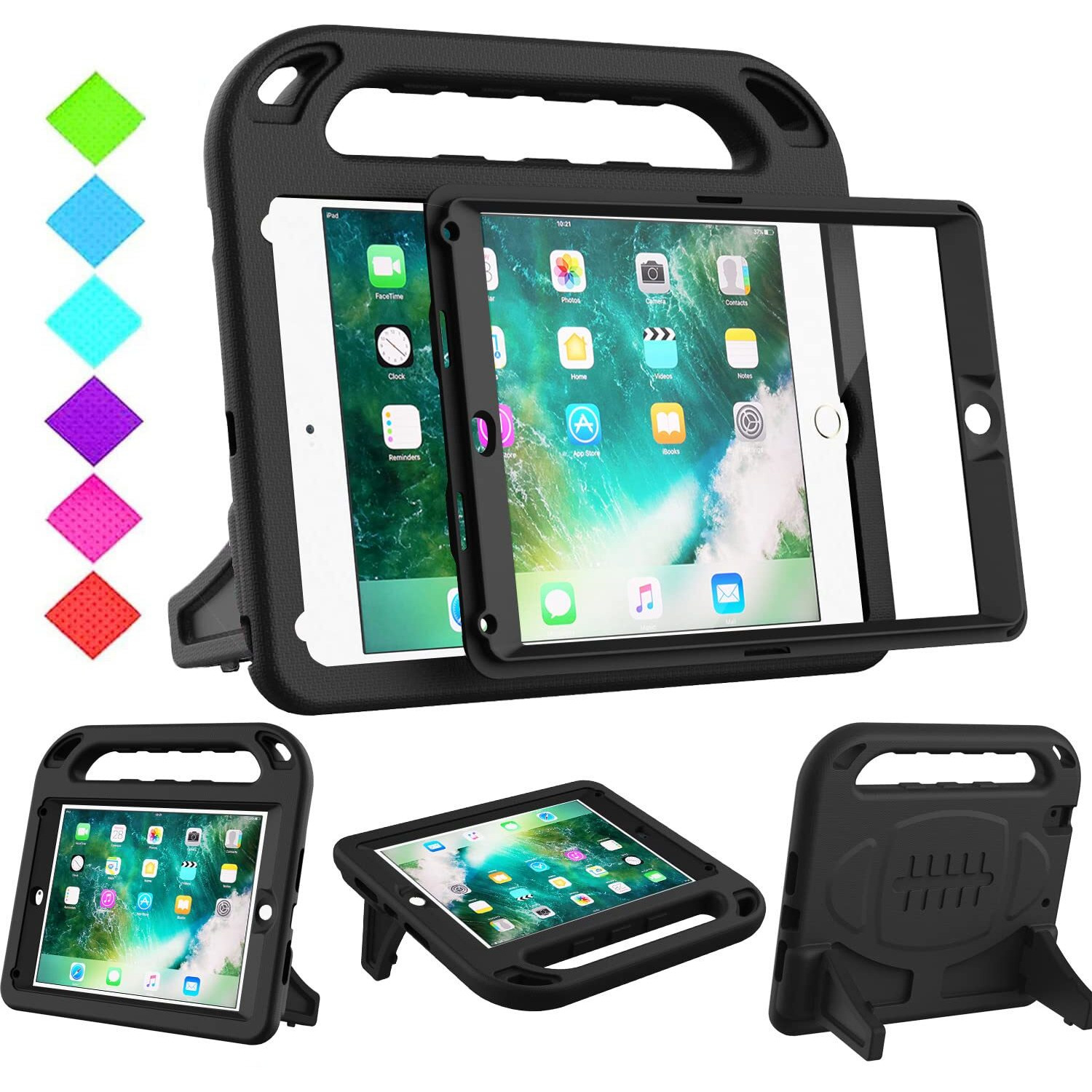 Bmouo Kids Case For Ipad 9.7 2018/2017/Ipad Air 2/1/Pro 9.7-Built-In Screen Protector Shockproof Handle Convertible Stand Case For Ipad 9.7 Inch 2018 (6Th Generation)/2017 (5Th Generation) Black