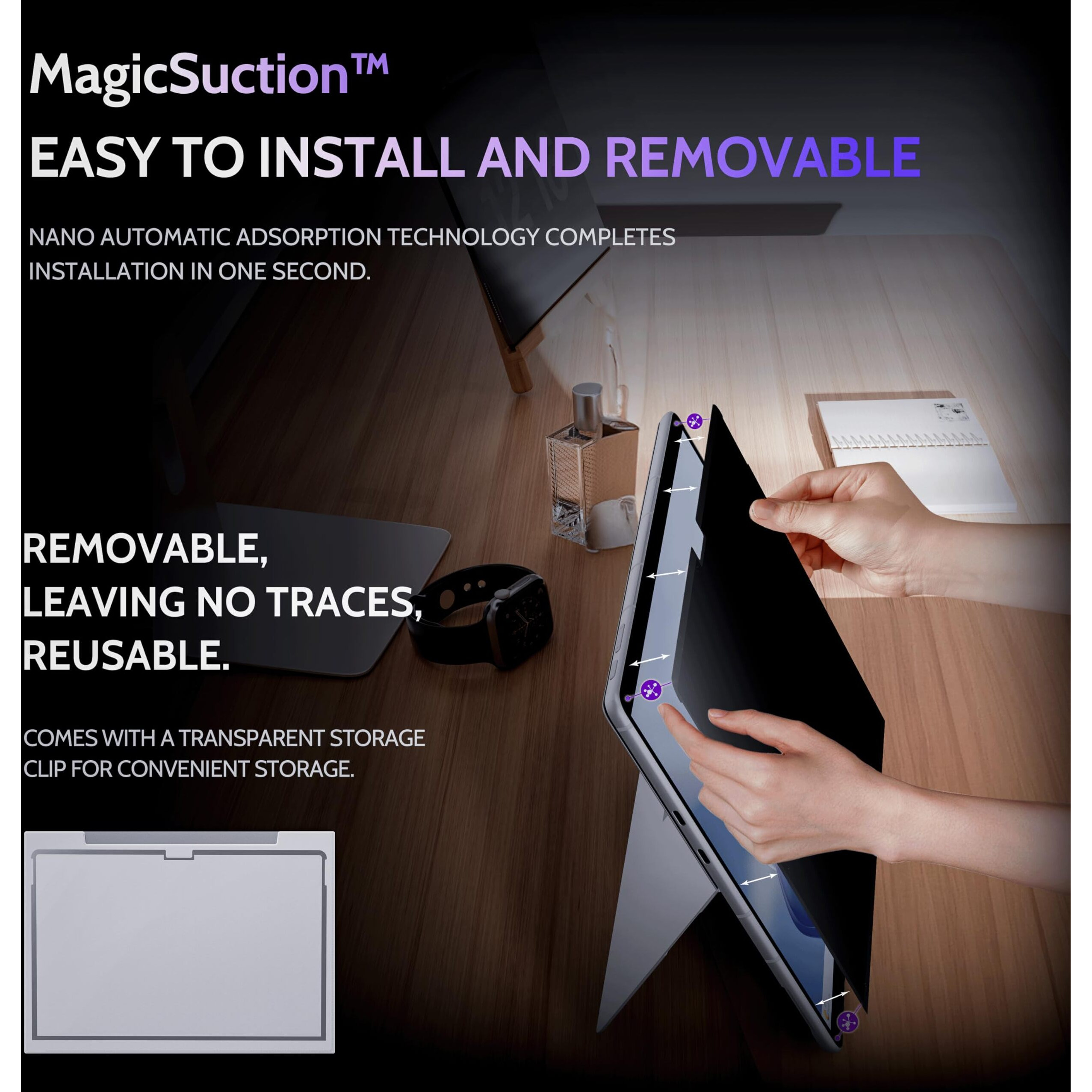 Peslv Privacy Screen For 13 Inch Surface Pro 11/10/9/8/X  Magicsuction Removable Anti Spy Black Protector  Glare Blue Light Filter For Microsoft Laptop Computer Monitor