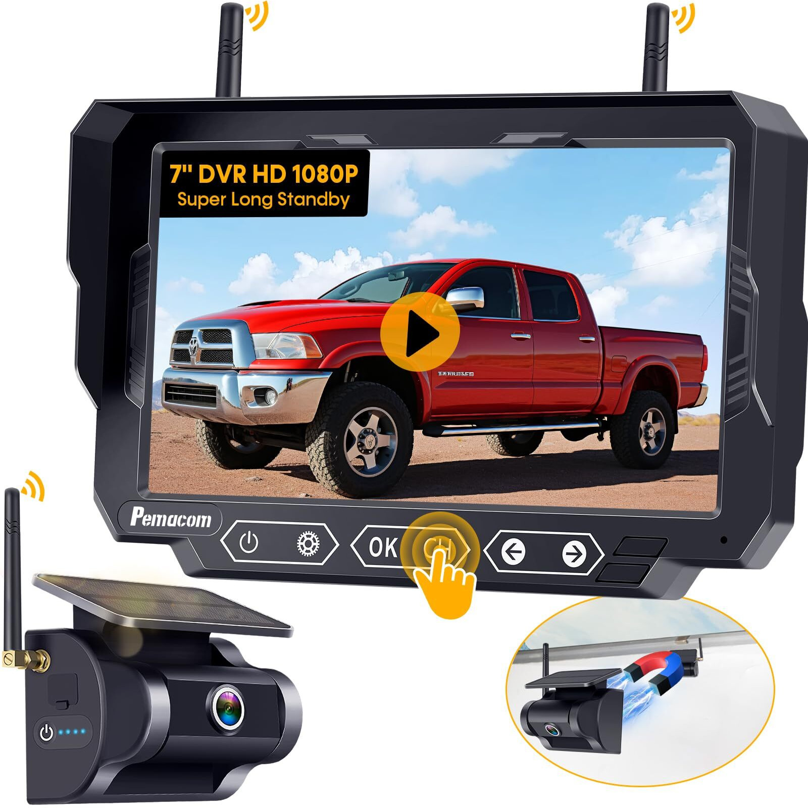 Magnetic Solar Wireless Backup Camera 7"" Dvr Portable 1 Min Easy Install Scratch-Proof No Delay Truck Trailer Hitch Rear View Camera Rechargeable Hd 1080P For Small Rv Camper Pemacom P15