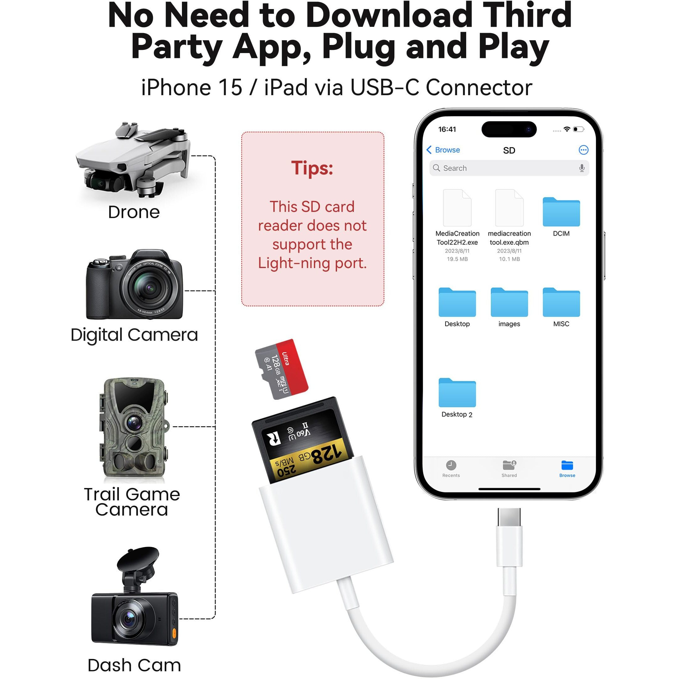 Usb C Sd Card Reader For Iphone 15/Ipad/Macbook/Mac  Xdgeload Usb-C Type C Sd Reader Supports Sd And Microsd Memory Card Adapter  Trail Camera Viewer Plug And Play - 2 Slots