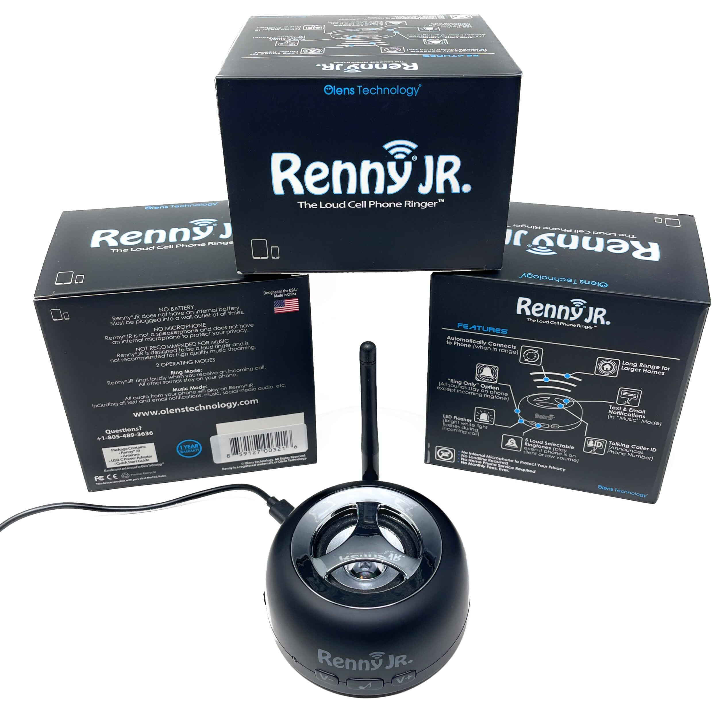 Renny - The Loud Cell Phone Ringer  Amplifier & Flasher For The Hearing Impaired (117Db) | Auto-Connects Wirelessly Via Bluetooth | External Ringtones | Text/Email Notifications | Talking Caller Id