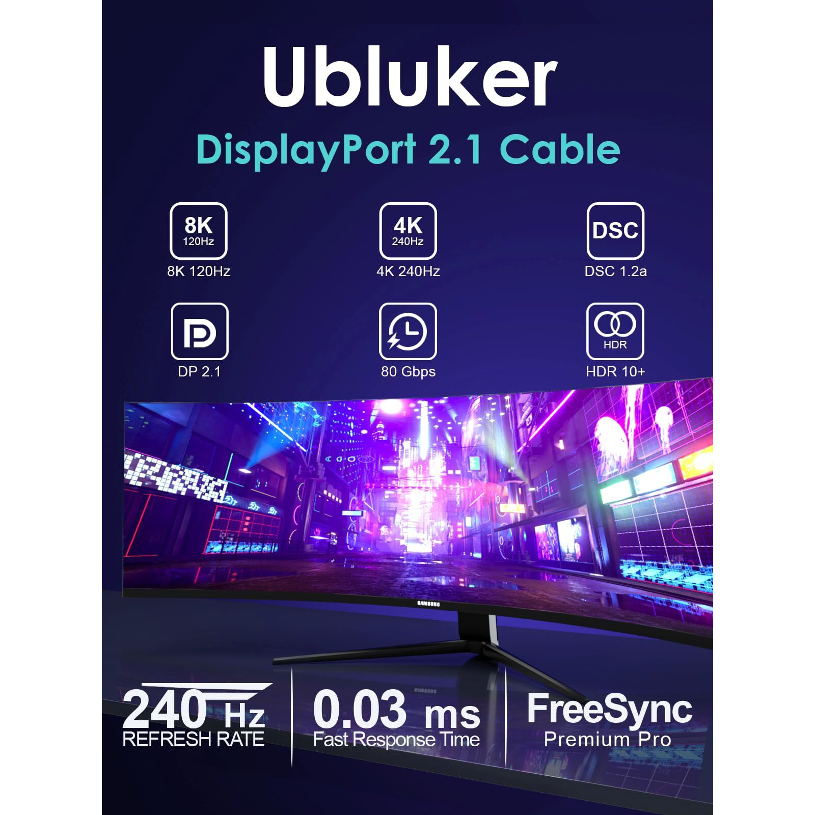 Ubluker 16K 8K Displayport 2.1 Cable 80Gbps 10 Ft  Vesa Certified Ultra-High Bit Rate Dp Cable Uhbr20 Hdr10+ Dsc1.2A 16K 60Hz 8K 120Hz 4K 240Hz 165Hz Pc Tv Ryzen7900 Freesync G-Sync