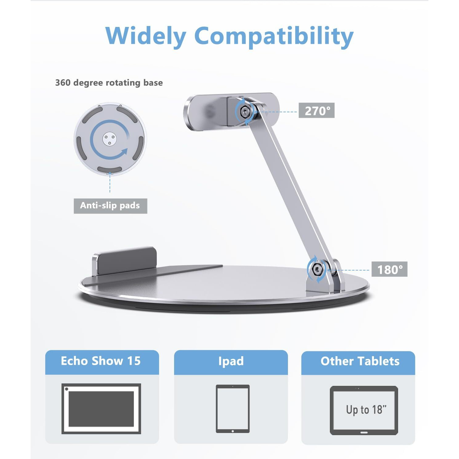 Almoz Swivel And Tilt Stand For Echo Show 15  Aluminum Stand For Show 15.6"" Smart Display And Up To 18"" Ipad/Tablets  With 360 Degree Rotating Base  Viewing Angle Adjustable  No Need Mounting