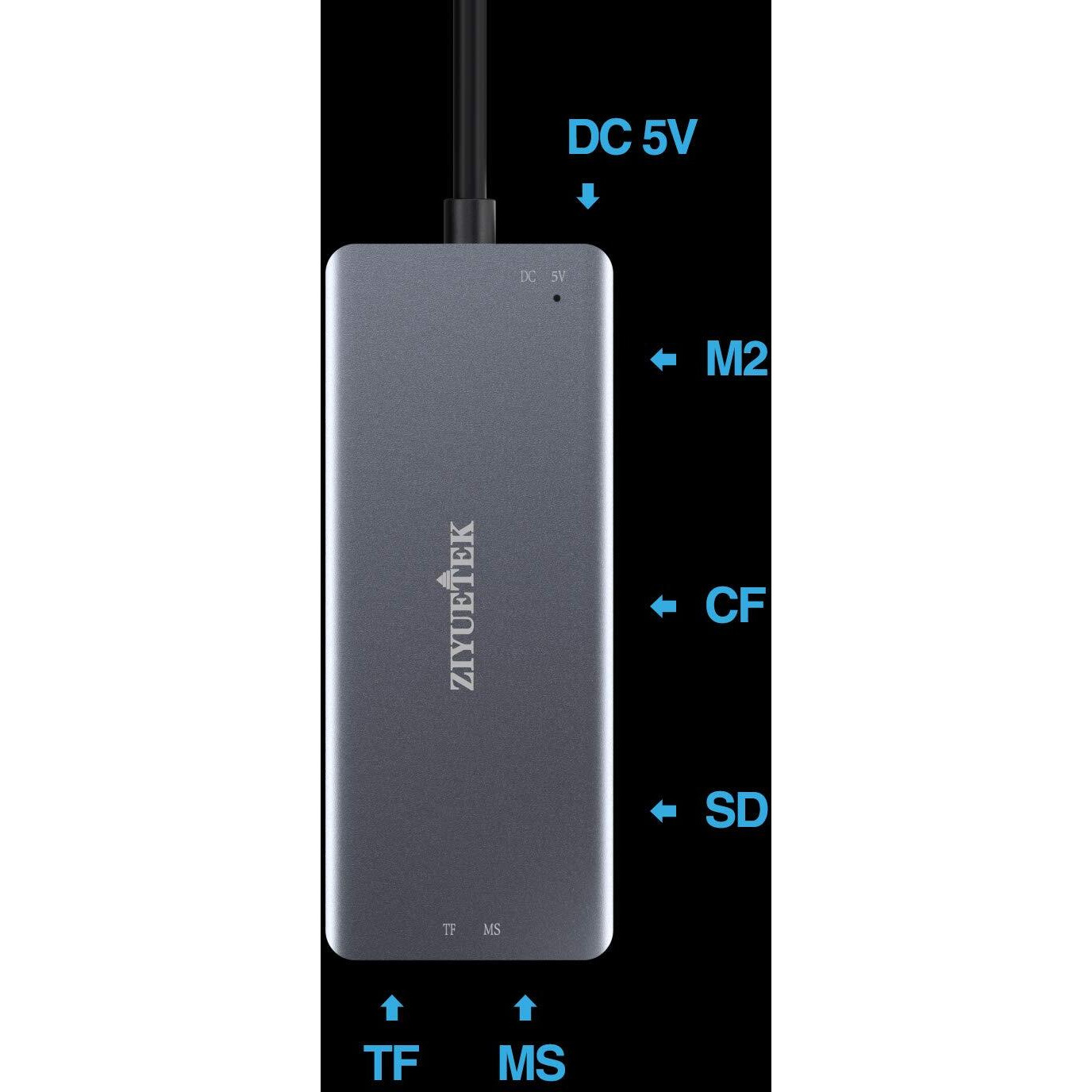 Ziyuetek Usb C Sd Card Reader 5- In-1 Aluminum Thunderbolt 3 Memory Card Reader For Cf  Sd/Sdhc Tf/Micro Sd/Ms/M2 Compactflash Card For Iphone 15/Pro/Pro Max Android Windows Macbook