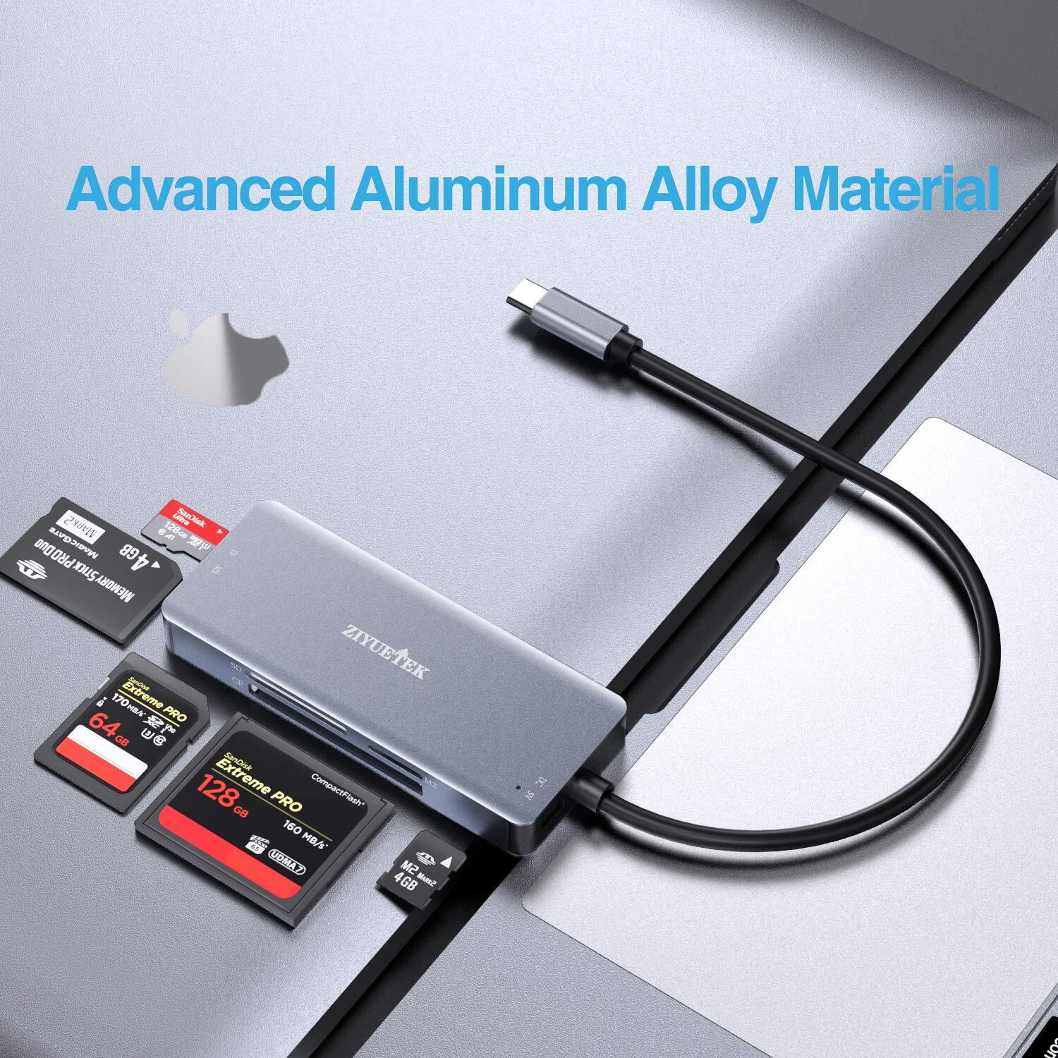 Ziyuetek Usb C Sd Card Reader 5- In-1 Aluminum Thunderbolt 3 Memory Card Reader For Cf  Sd/Sdhc Tf/Micro Sd/Ms/M2 Compactflash Card For Iphone 15/Pro/Pro Max Android Windows Macbook