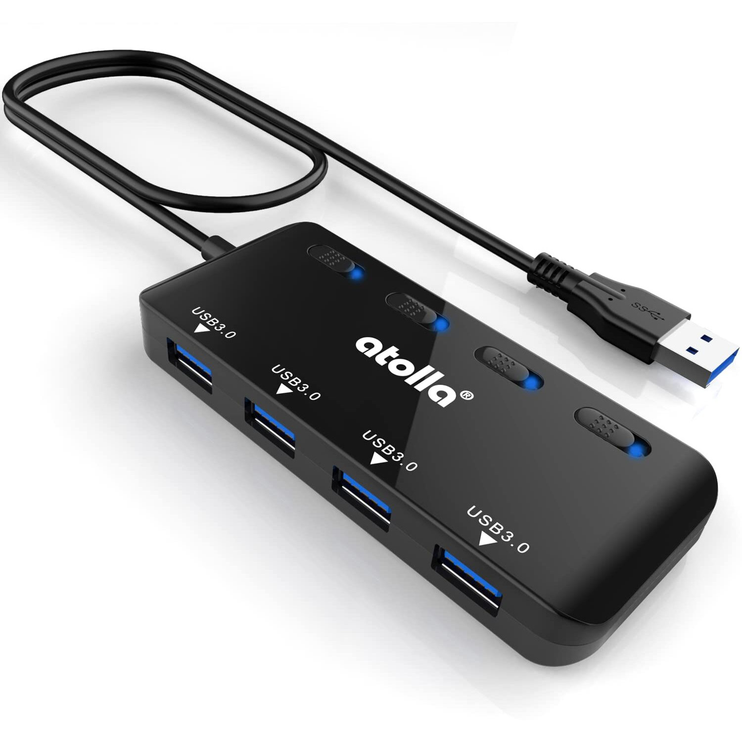 Usb Hub  4-Port Usb 3.0 Hub Splitter With 2 Ft Extended Cable  Ultra Slim Data Usb Extender With Individual Power Switches And Led