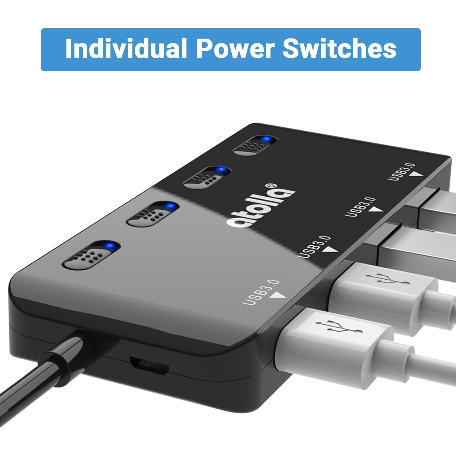 Usb Hub  4-Port Usb 3.0 Hub Splitter With 2 Ft Extended Cable  Ultra Slim Data Usb Extender With Individual Power Switches And Led