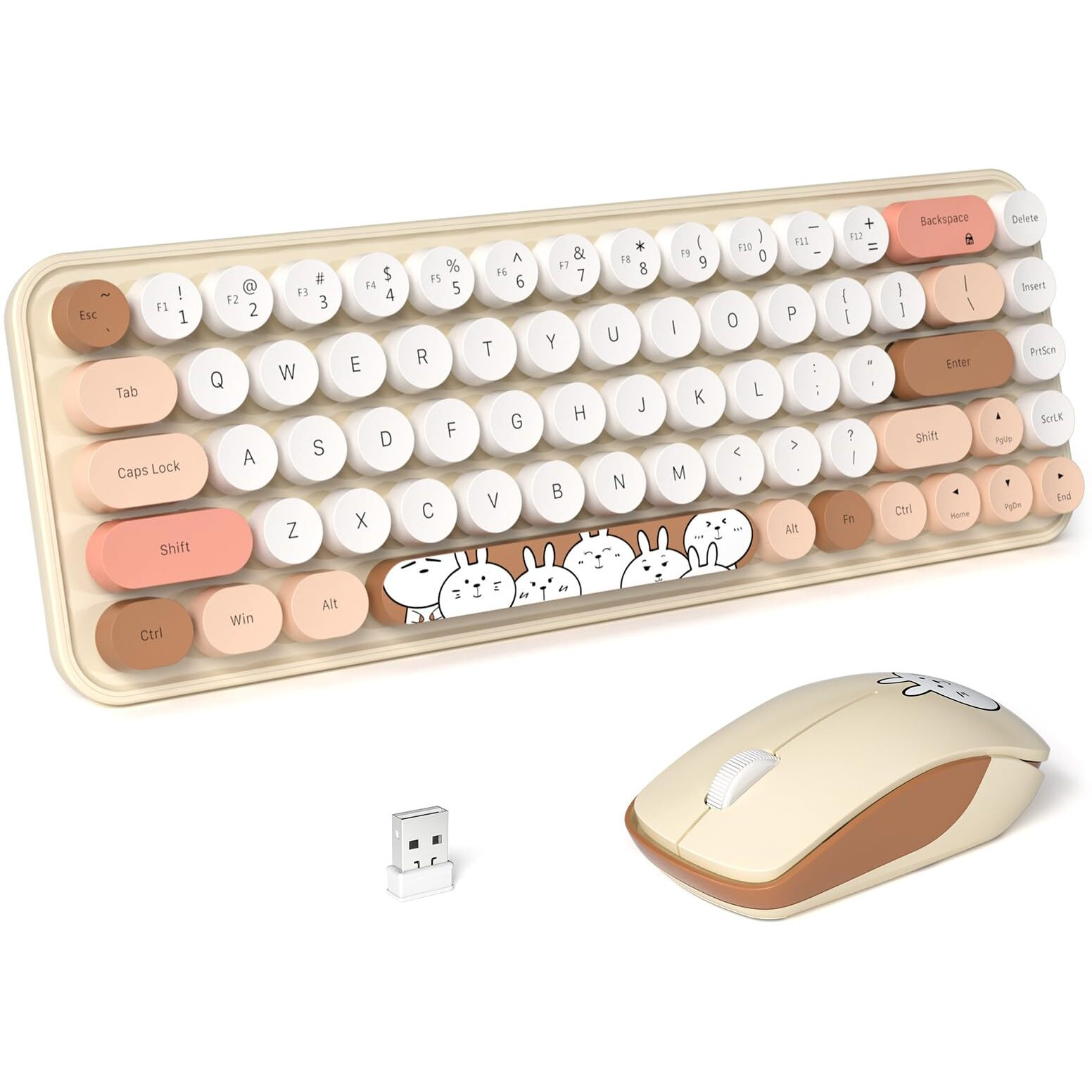 Fopett Wireless Keyboard And Mouse Cute Mouse And Keyboard 2.4G Wireless Keyboards With Colorful 68 Keys Typewriter Retro Round Keycap For Pc  Laptop Tablet Computer Windows - Milk Tea Colorful