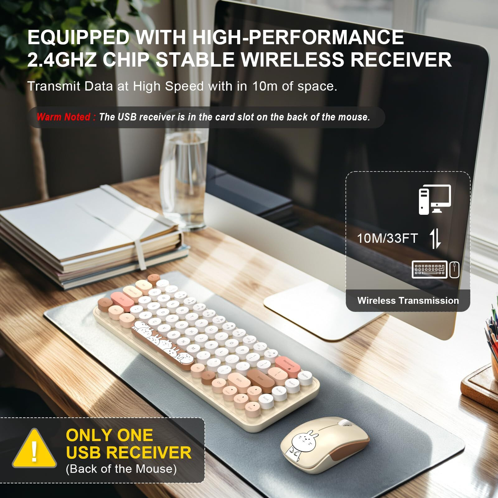 Fopett Wireless Keyboard And Mouse Cute Mouse And Keyboard 2.4G Wireless Keyboards With Colorful 68 Keys Typewriter Retro Round Keycap For Pc  Laptop Tablet Computer Windows - Milk Tea Colorful