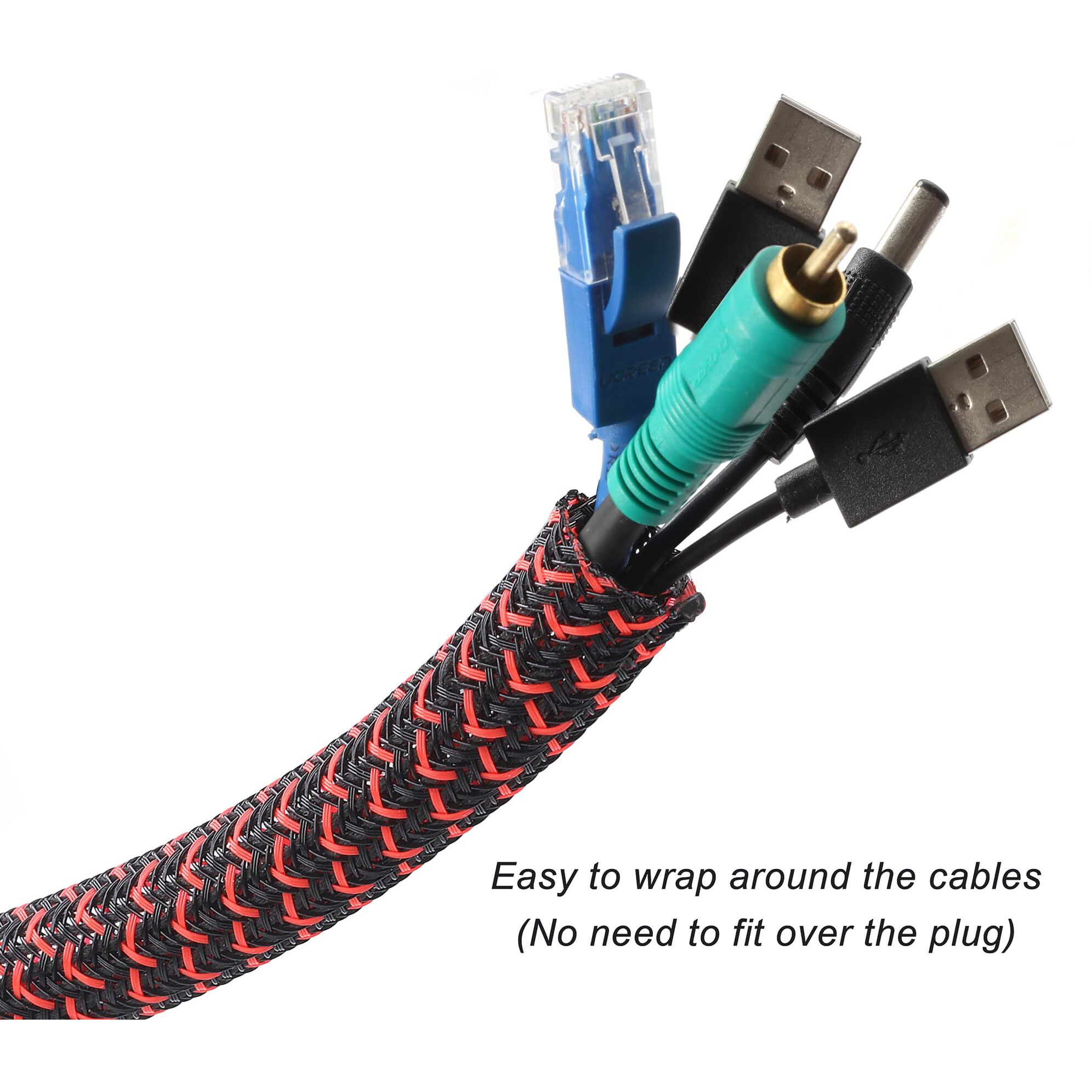 Crocsee 25Ft - 1/2 Inch Braided Cable Management Sleeve Cord Protector - Self-Wrapping Split Wire Loom For Tv/Computer/Home Theater/Engine Bay - Black/Red