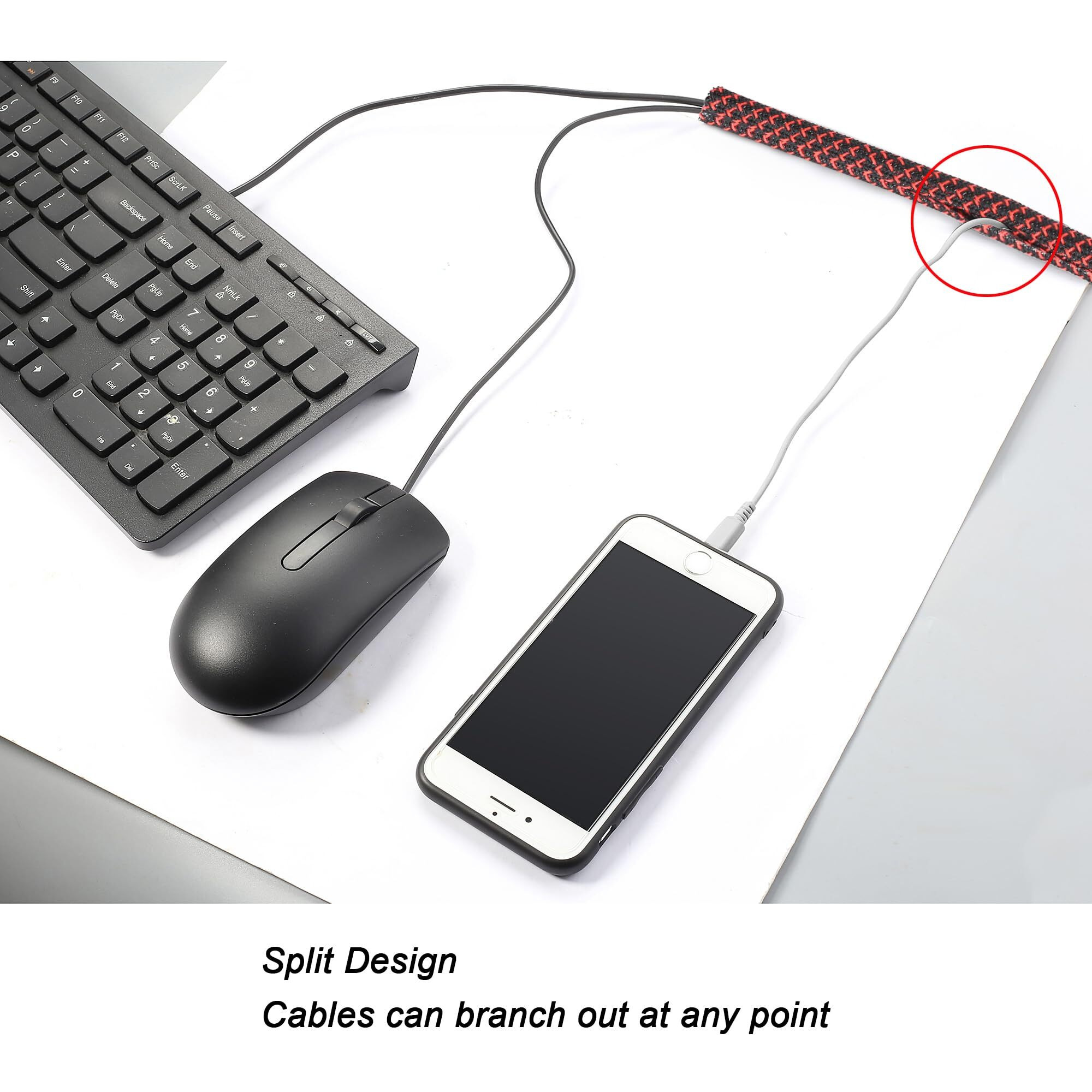 Crocsee 25Ft - 1/2 Inch Braided Cable Management Sleeve Cord Protector - Self-Wrapping Split Wire Loom For Tv/Computer/Home Theater/Engine Bay - Black/Red