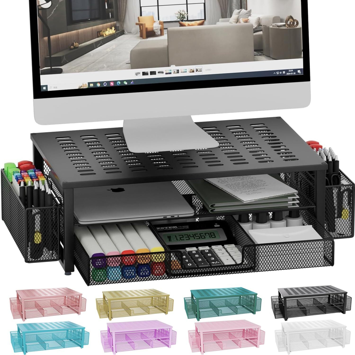 Gianotter Desk Computer Monitor Stand Riser With Drawer And 2 Pen Holder  Desk Accessories & Workspace Desk Organizers  Desktop Organizer For Office Supplies (Black)